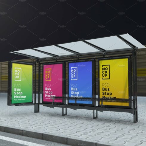 Night View Bus Stop 4 Signage Mockup cover image.