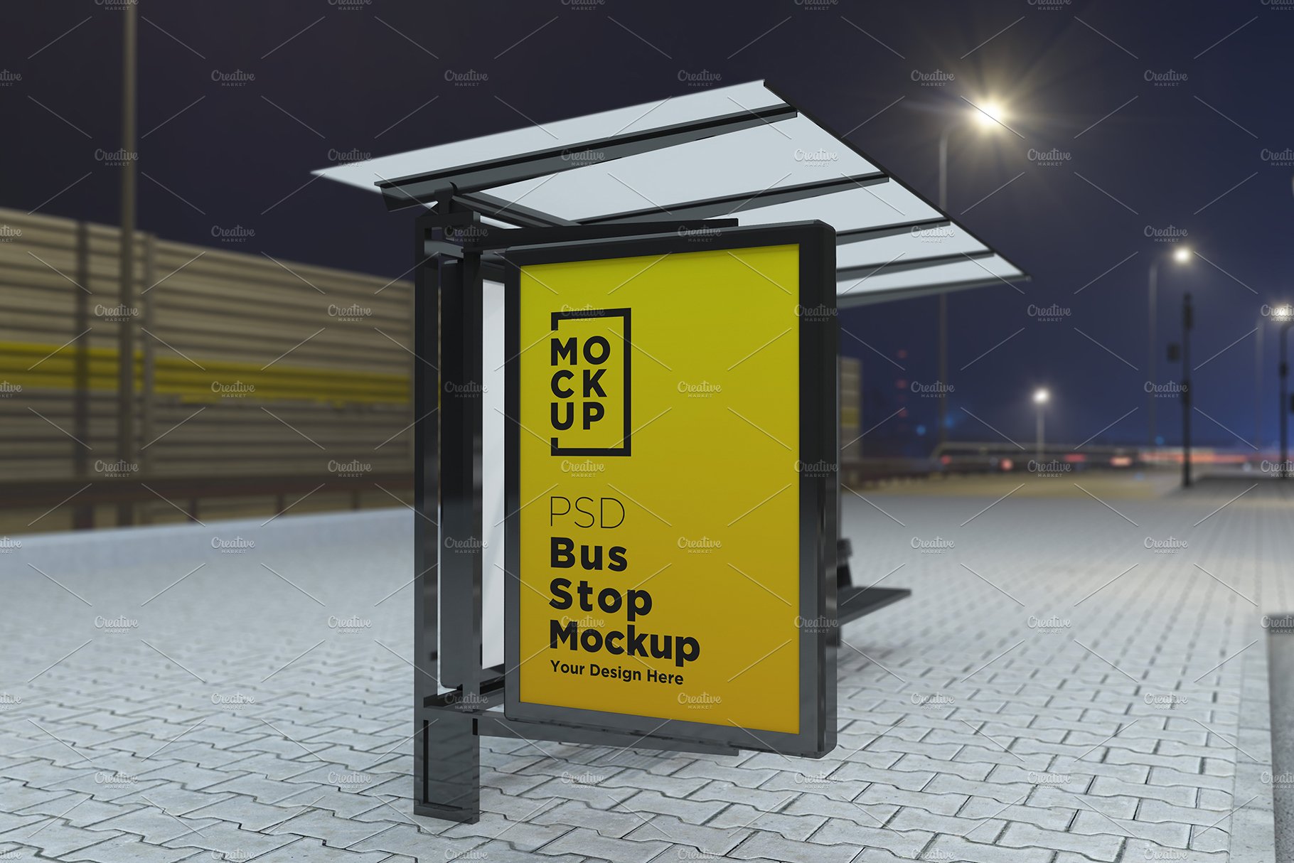 Night View Bus Stop Signage Mockup cover image.