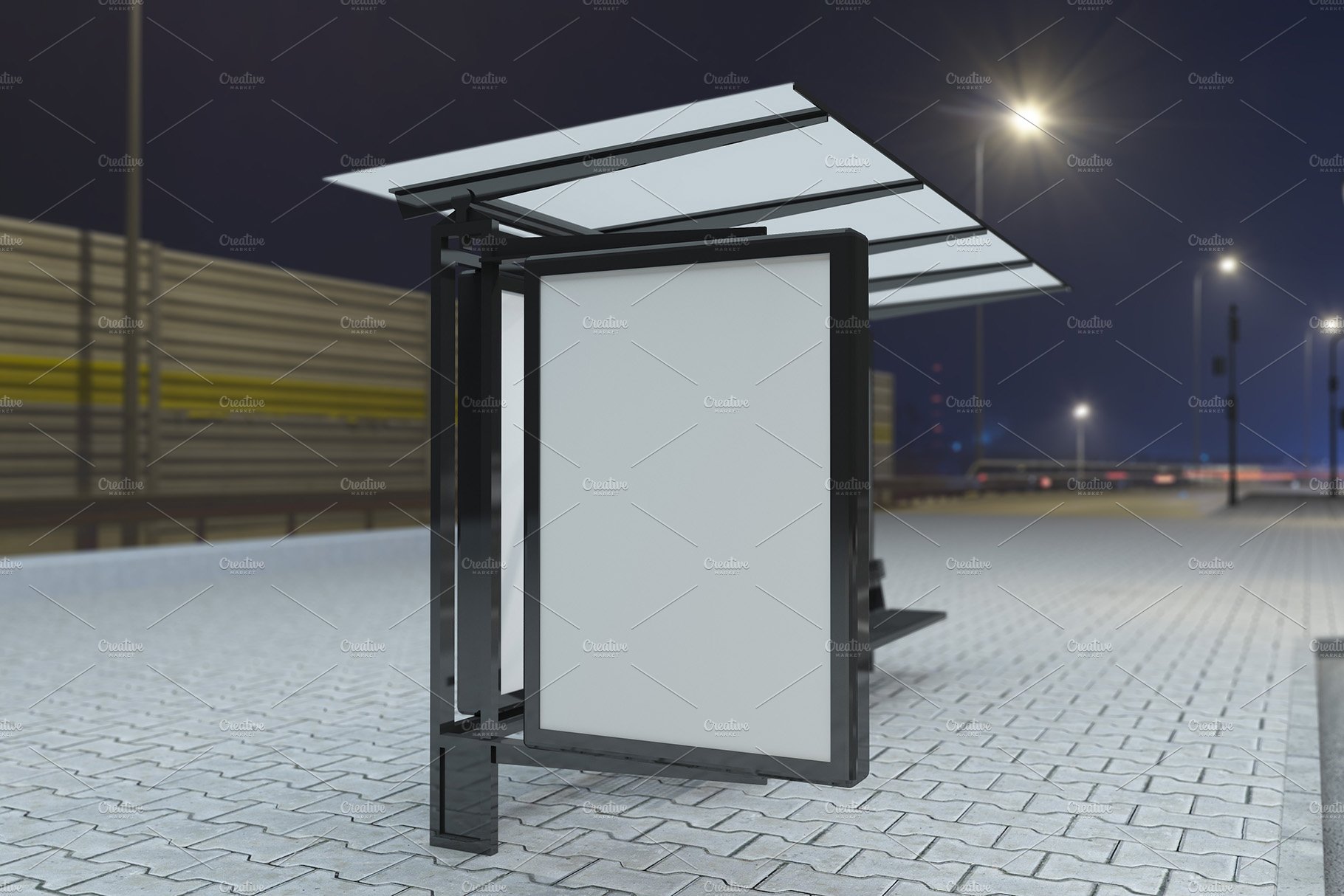 Night View Bus Stop Signage Mockup preview image.