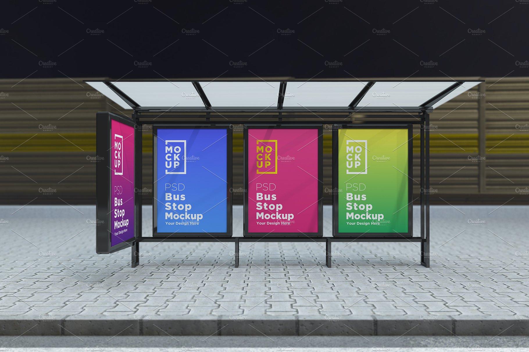 Night View Bus Stop 4 Signage Mockup cover image.