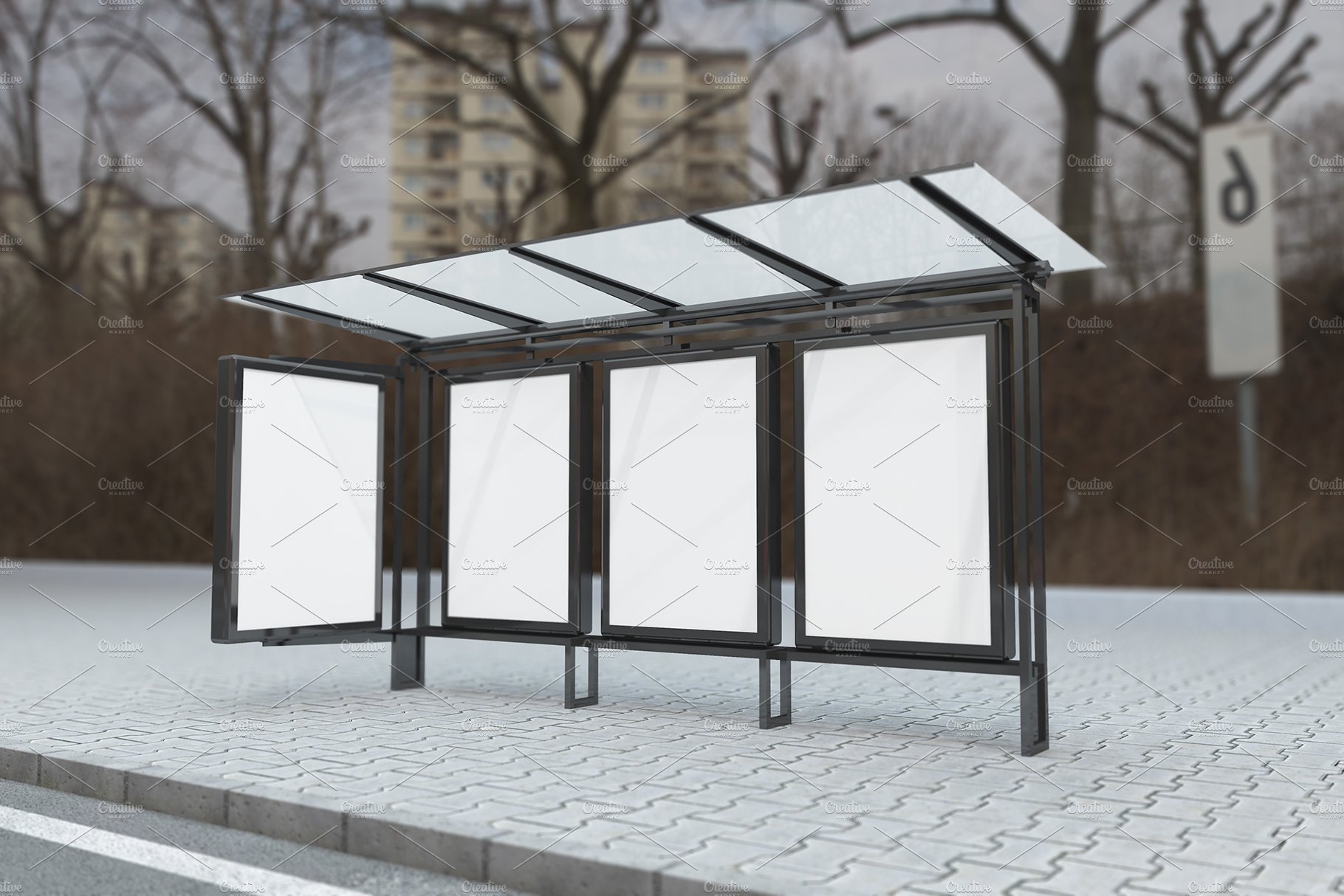 Bus Stop with 4 Sign Mockup preview image.