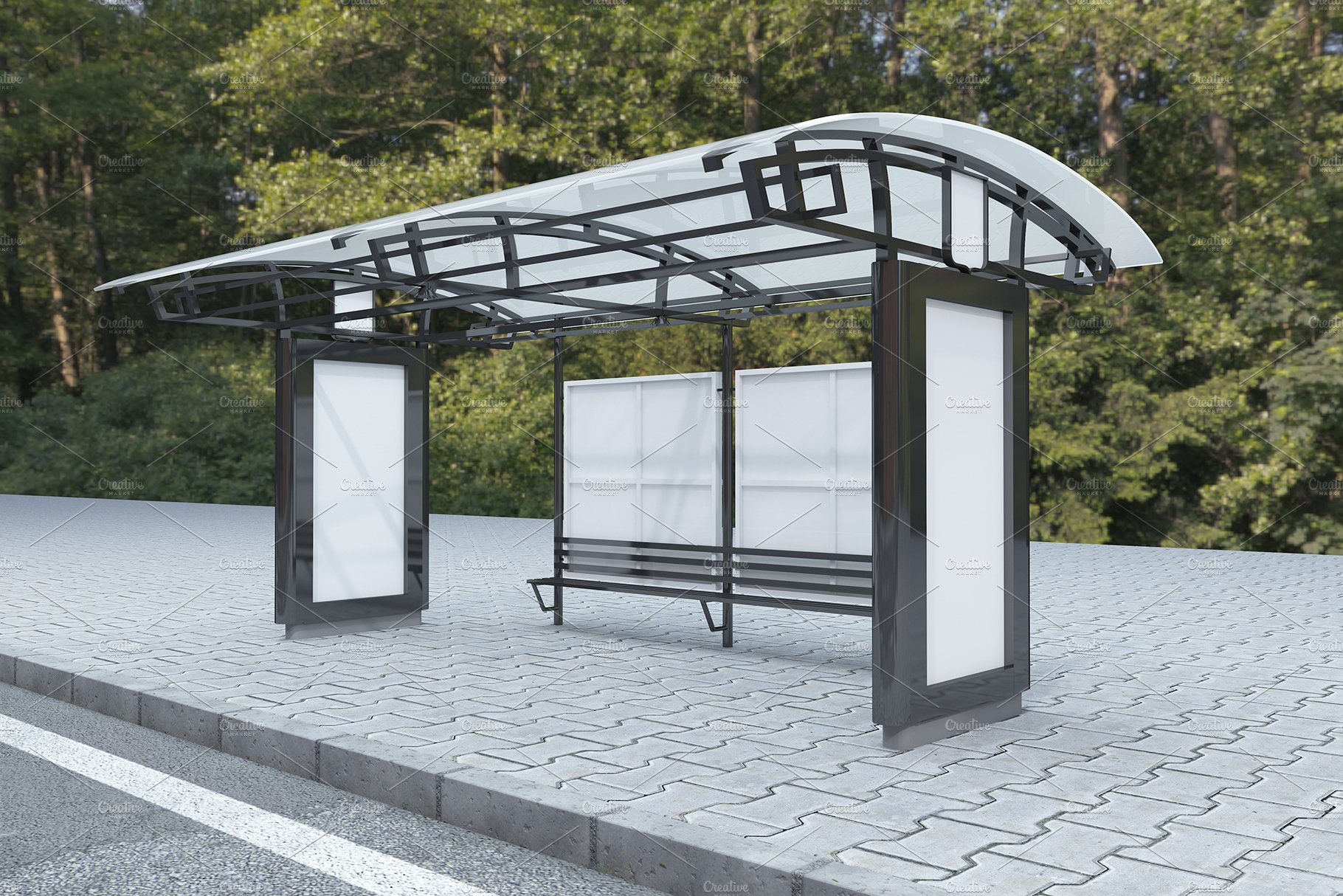 City Bus Stop whit 2 Sign Mockup preview image.