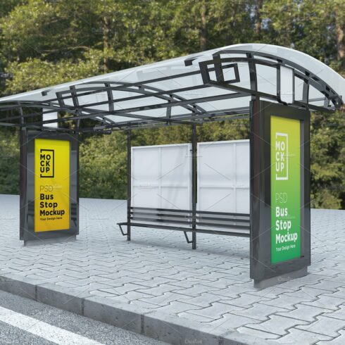 City Bus Stop whit 2 Sign Mockup cover image.