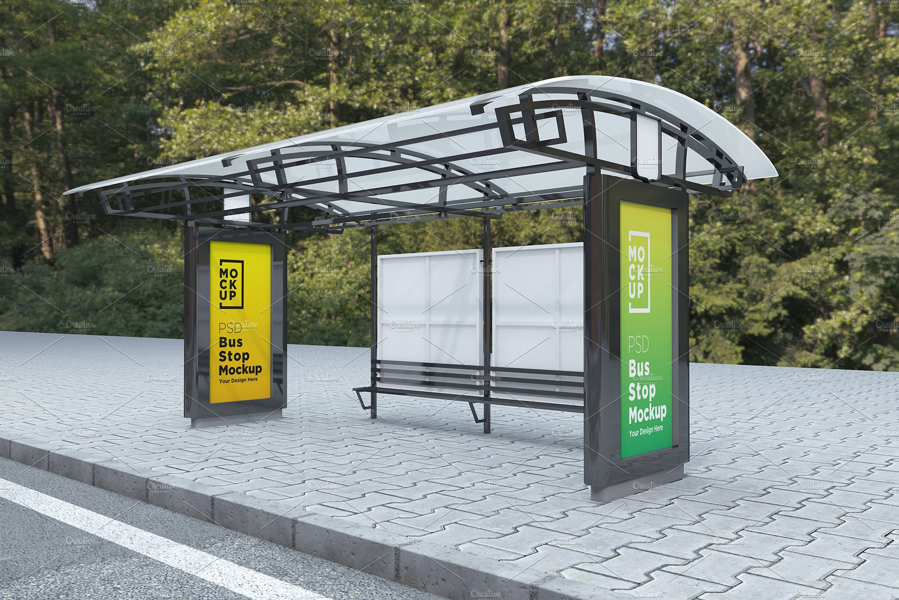 City Bus Stop whit 2 Sign Mockup cover image.