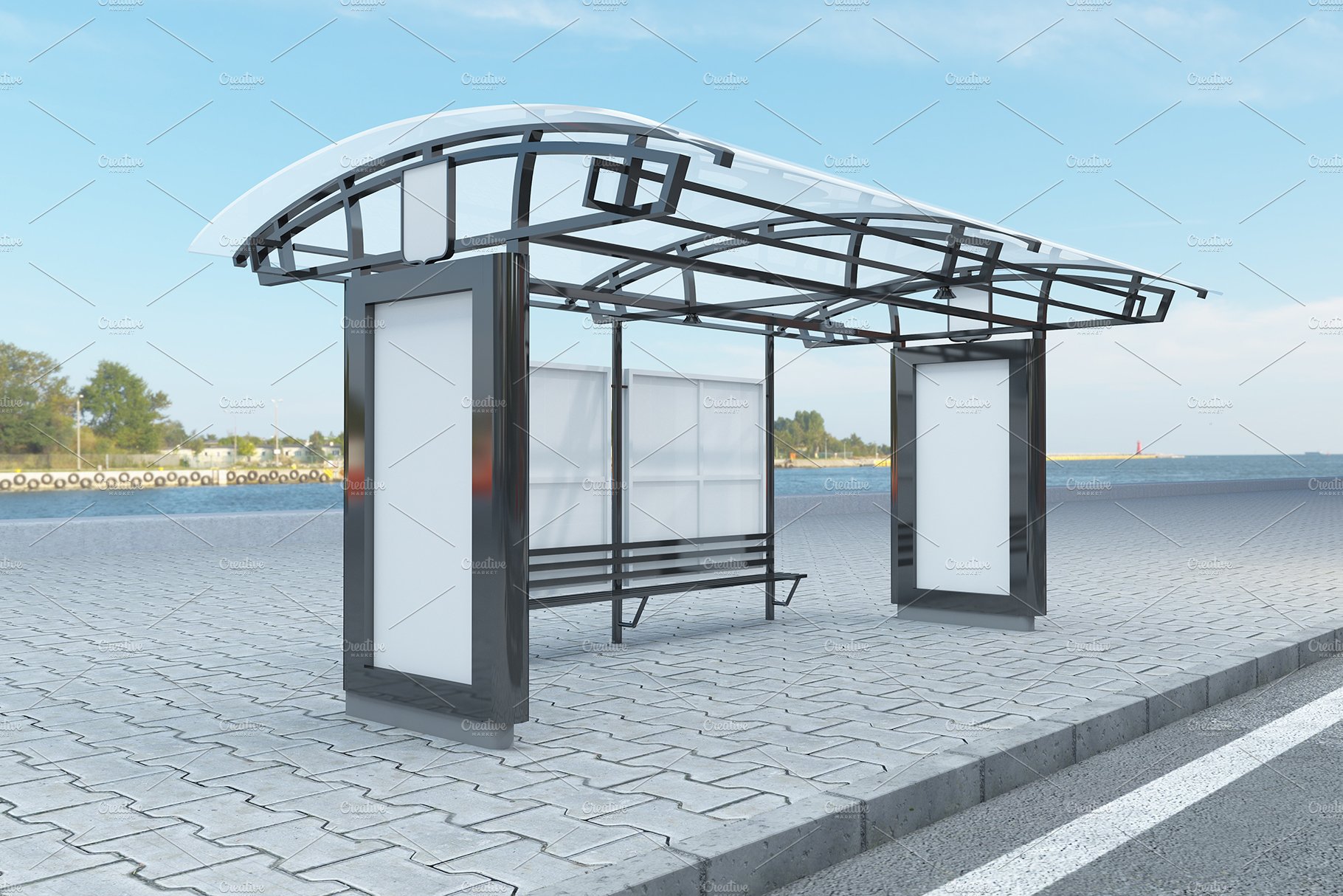 Bus Stop with 2 Sign Mockup preview image.