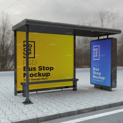 Bus stop Shelter with 2 sign Mockup cover image.