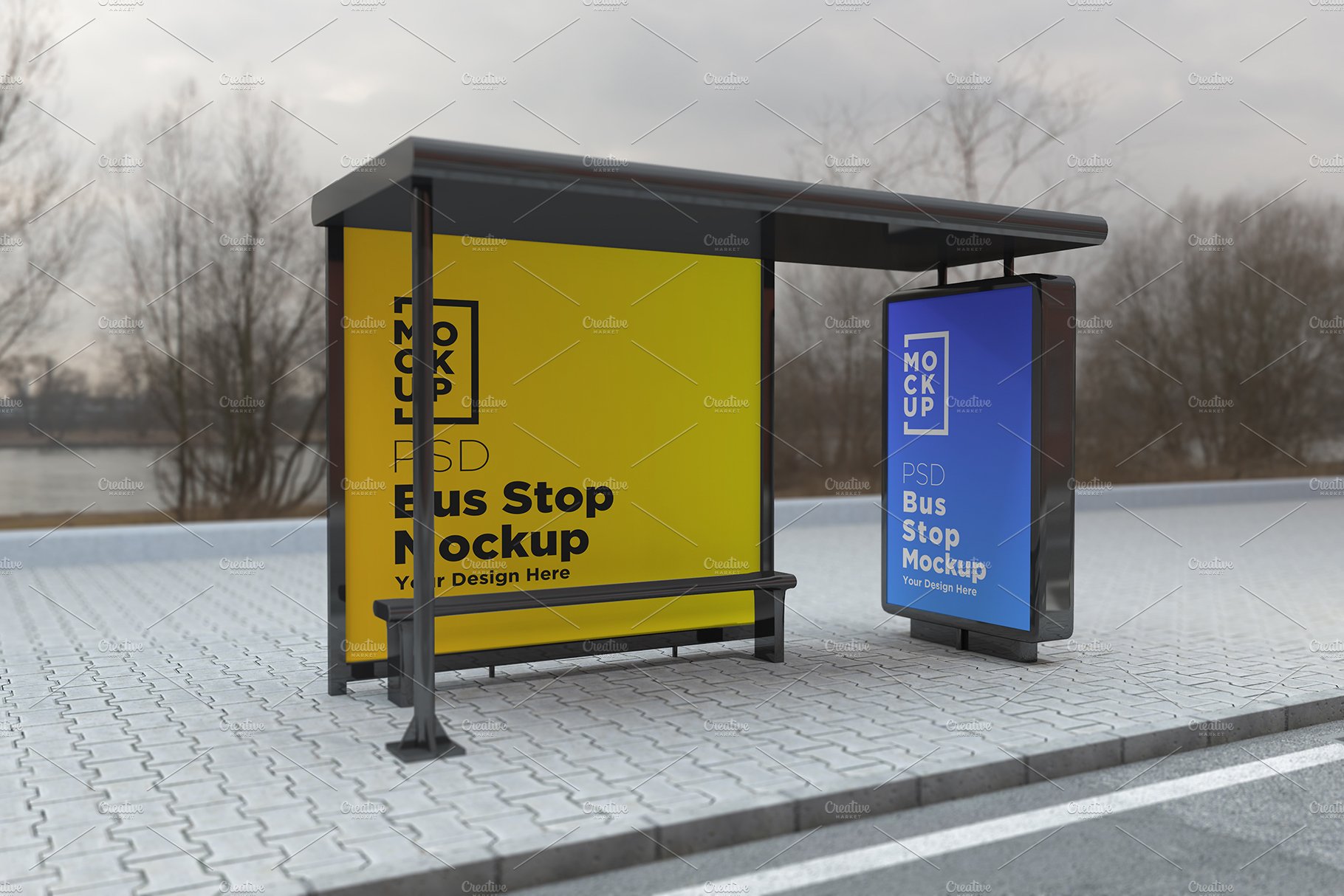 Bus stop Shelter with 2 sign Mockup cover image.