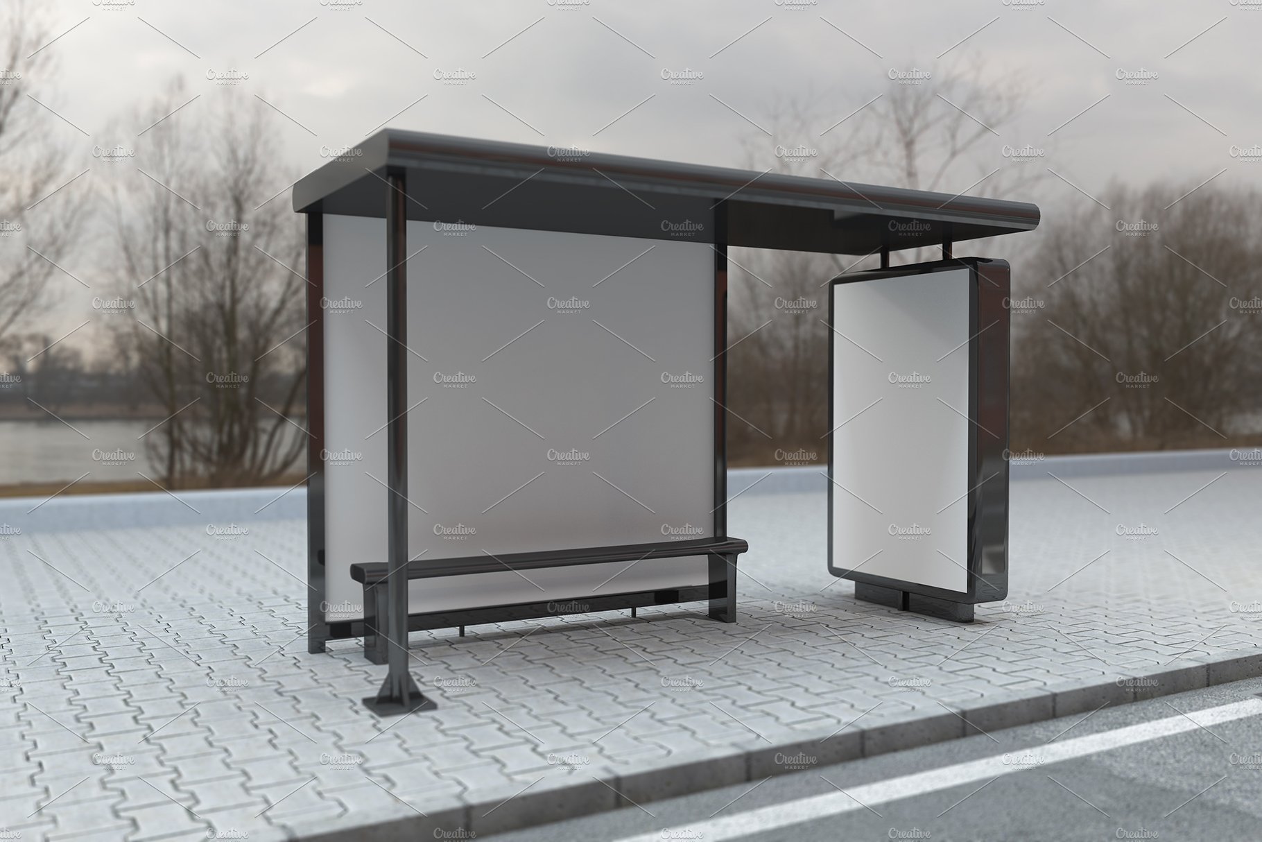 Bus stop Shelter with 2 sign Mockup preview image.