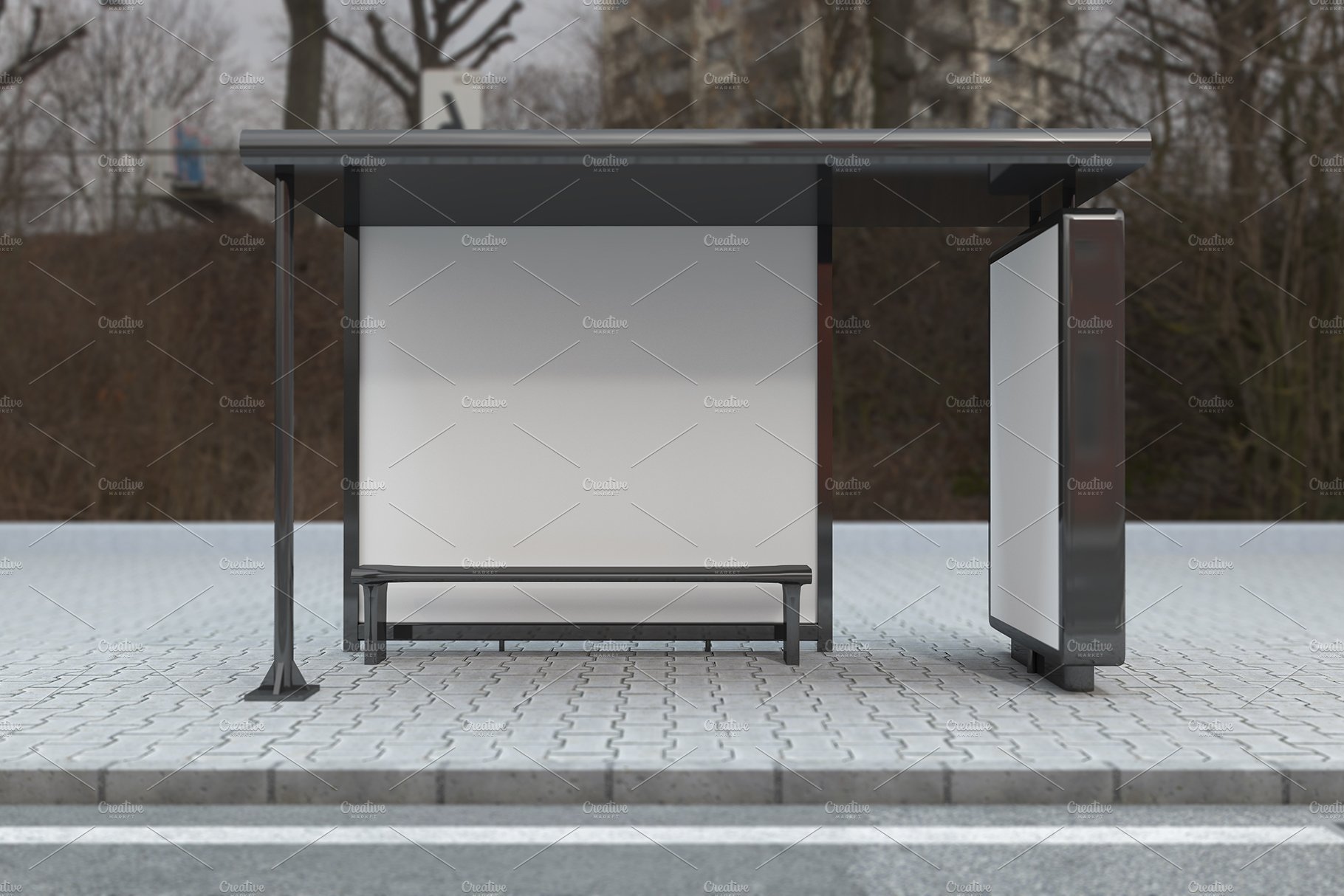 Bus Stop with 2 Sign Mockup preview image.