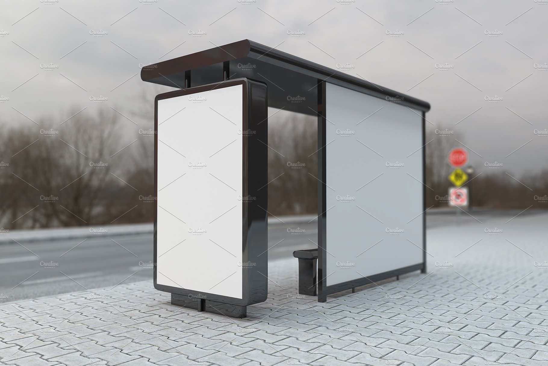 City Bus Stop with 2 Sign Mockup preview image.