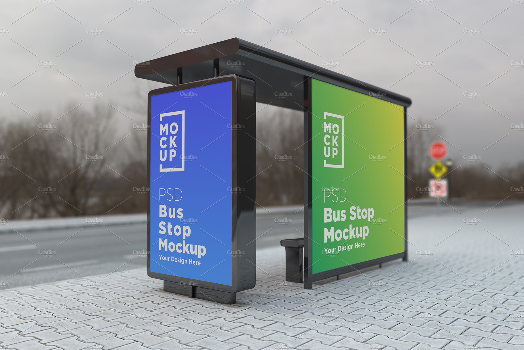 City Bus Stop with 2 Sign Mockup cover image.