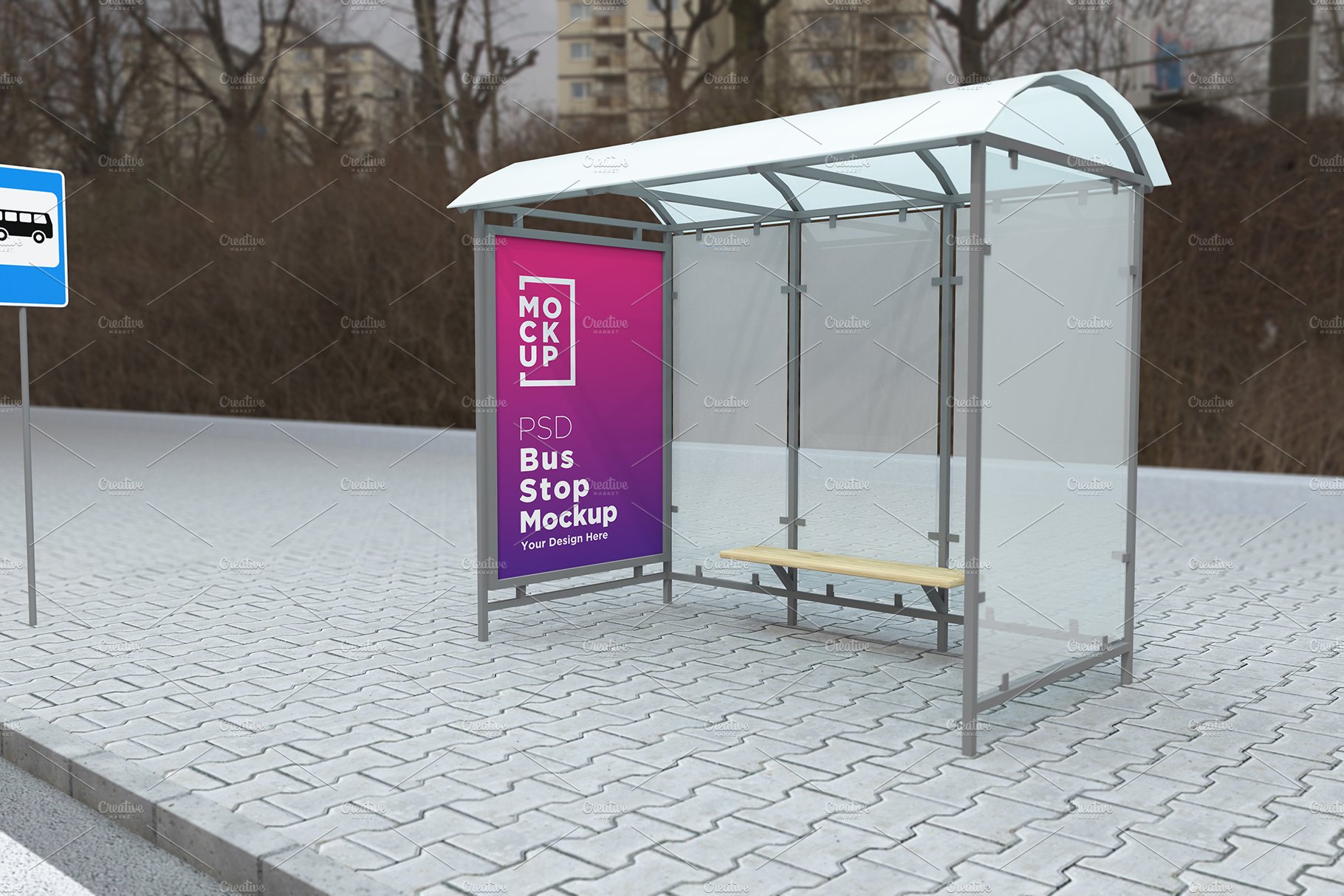 City Bus Stop Sign Mockup cover image.