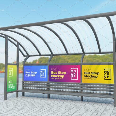 Bus Stop with 4 Signage Mockup cover image.