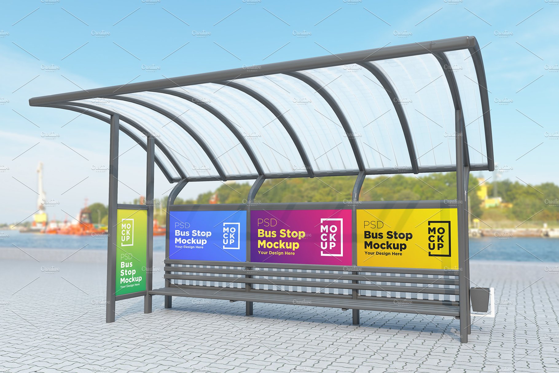 Bus Stop with 4 Signage Mockup cover image.