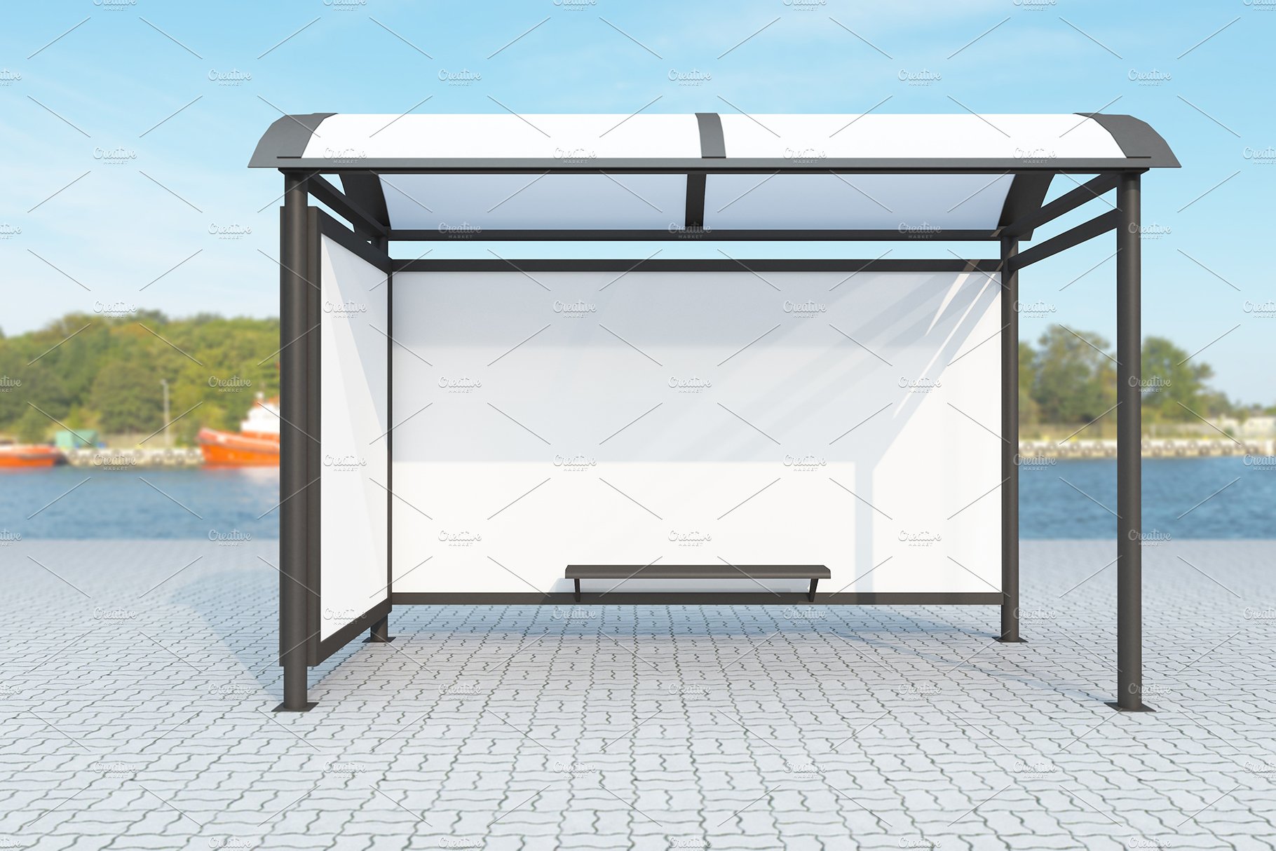 Bus stop with 2 Billboard Mockup preview image.