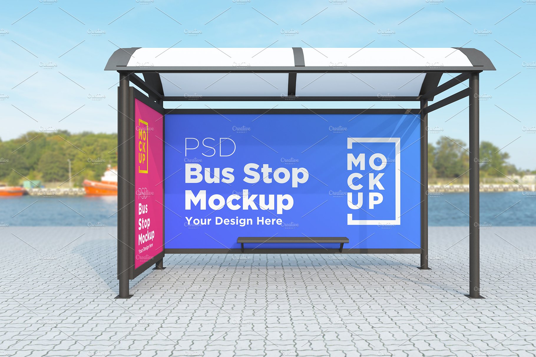 Bus stop with 2 Billboard Mockup cover image.