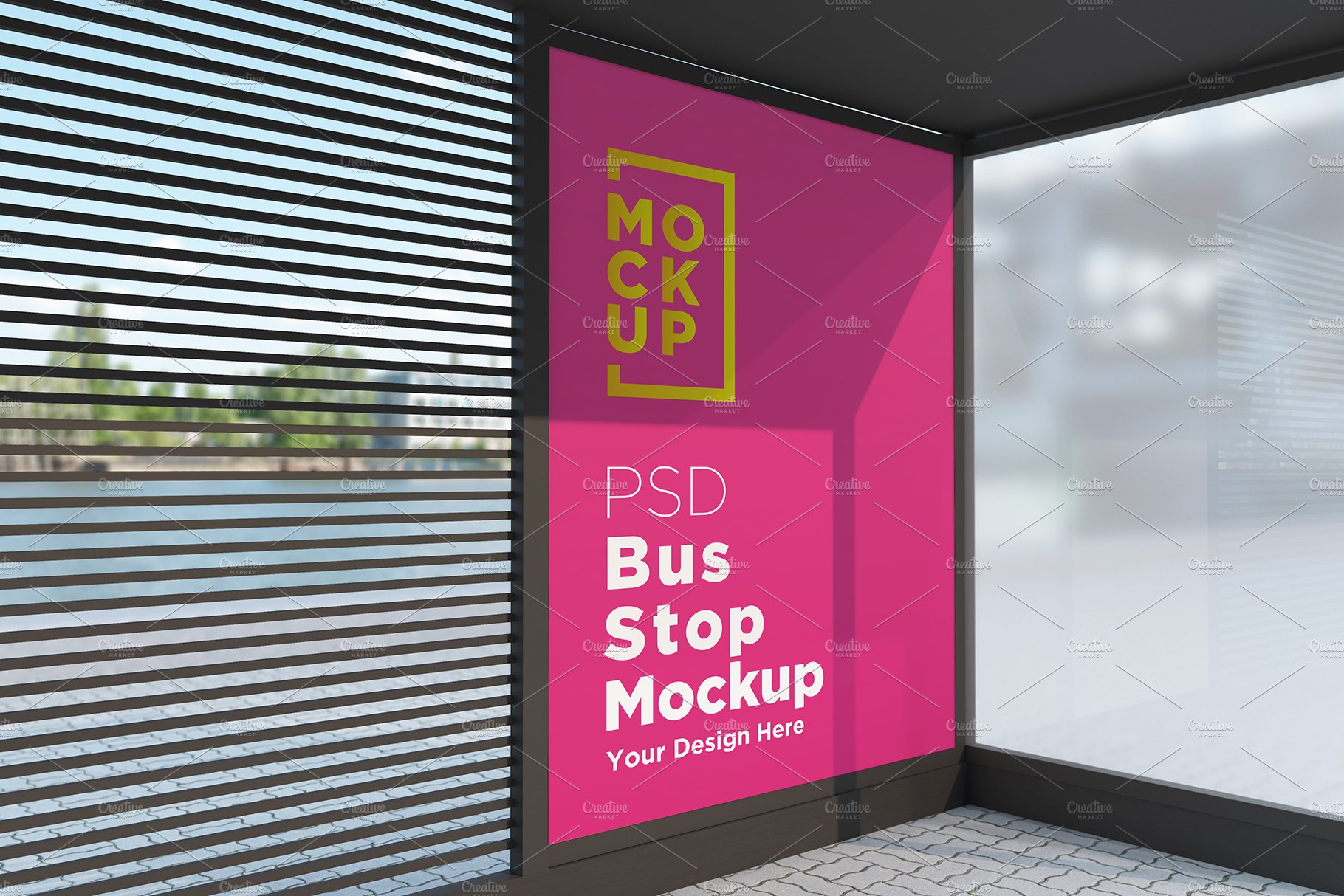 Bus stop  Shelter Sign Mockup cover image.