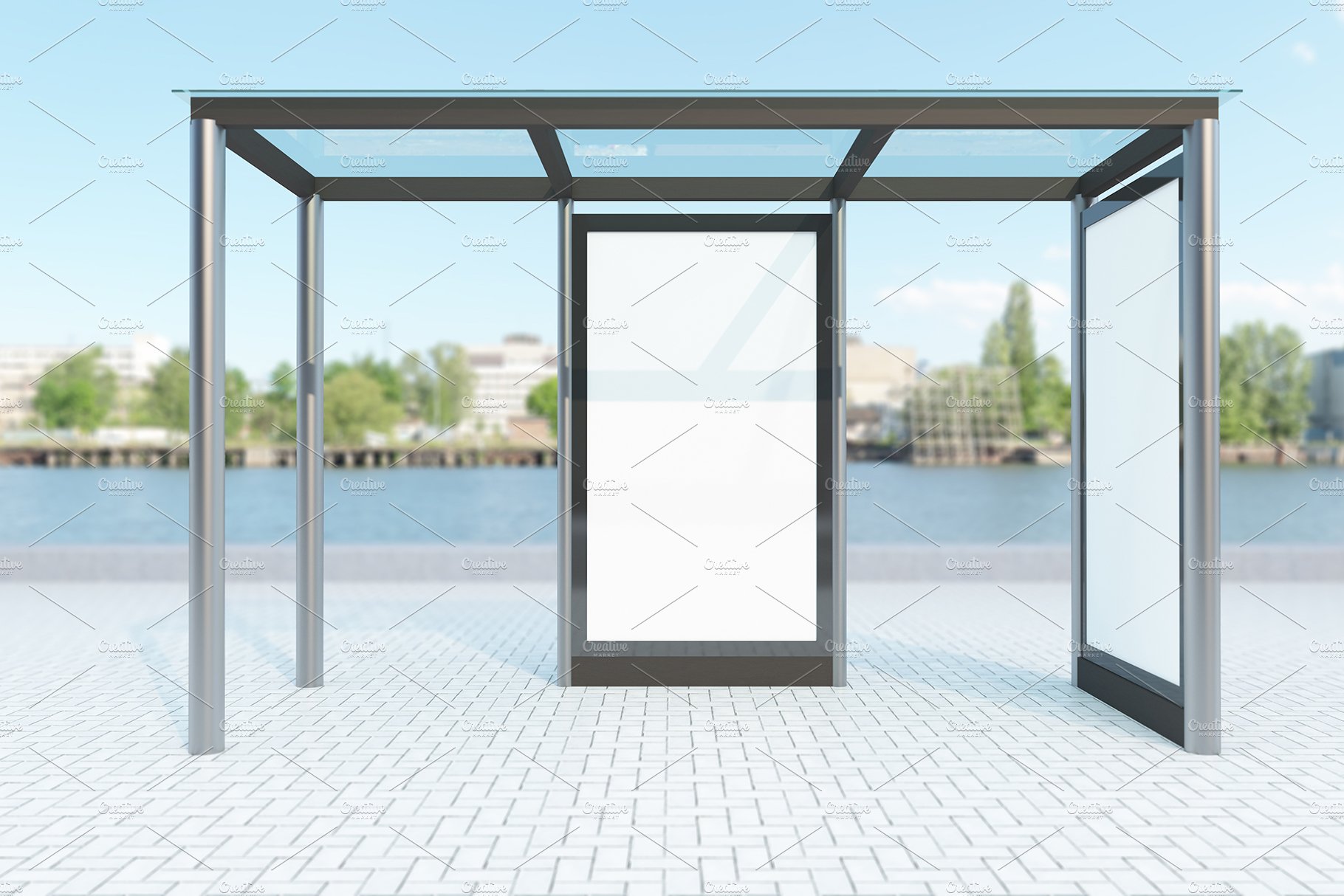 Bus Stop with 2 Sign Mockup preview image.