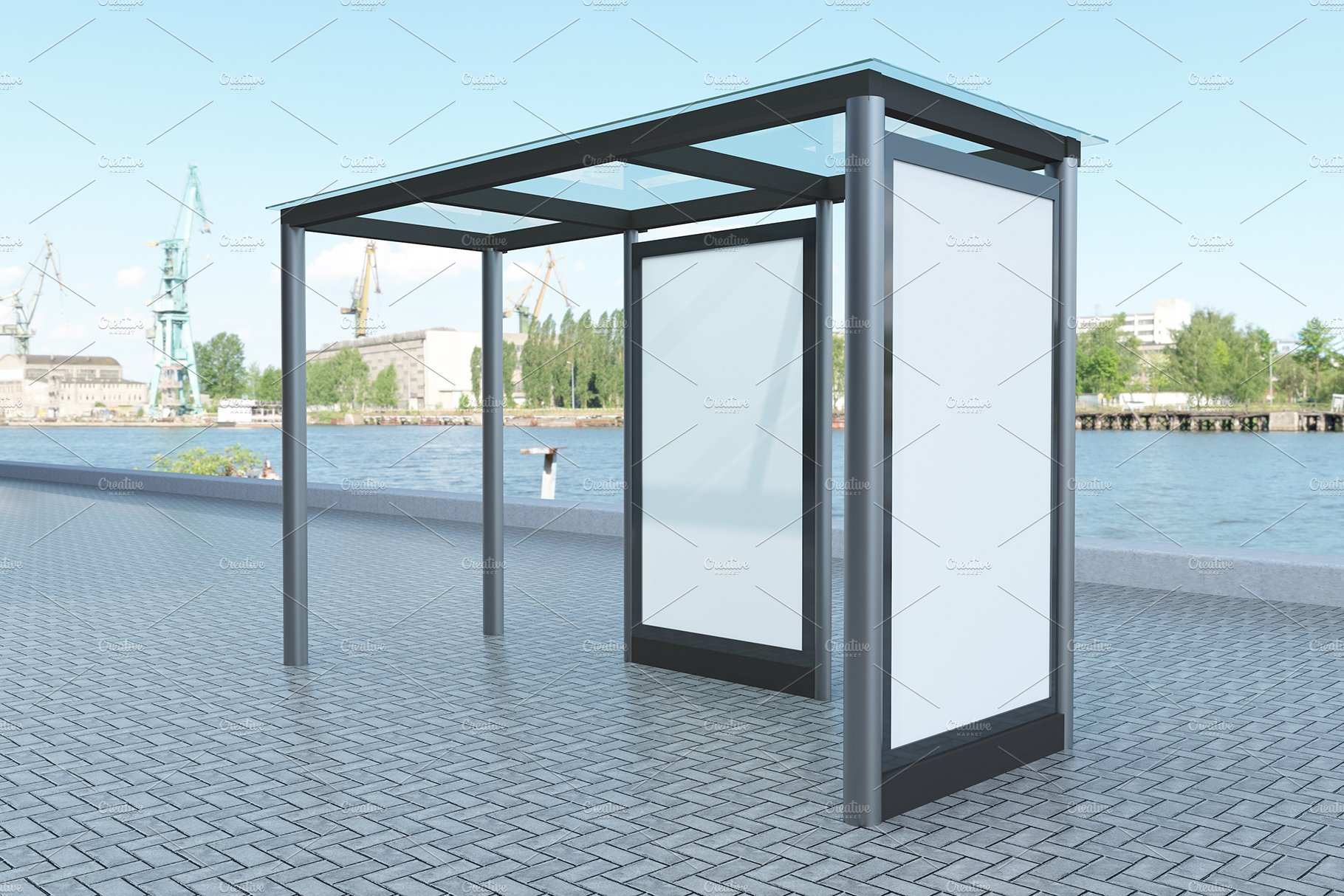 City Bus Stop with 2 Sign Mockup preview image.