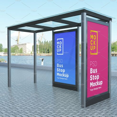 City Bus Stop with 2 Sign Mockup cover image.