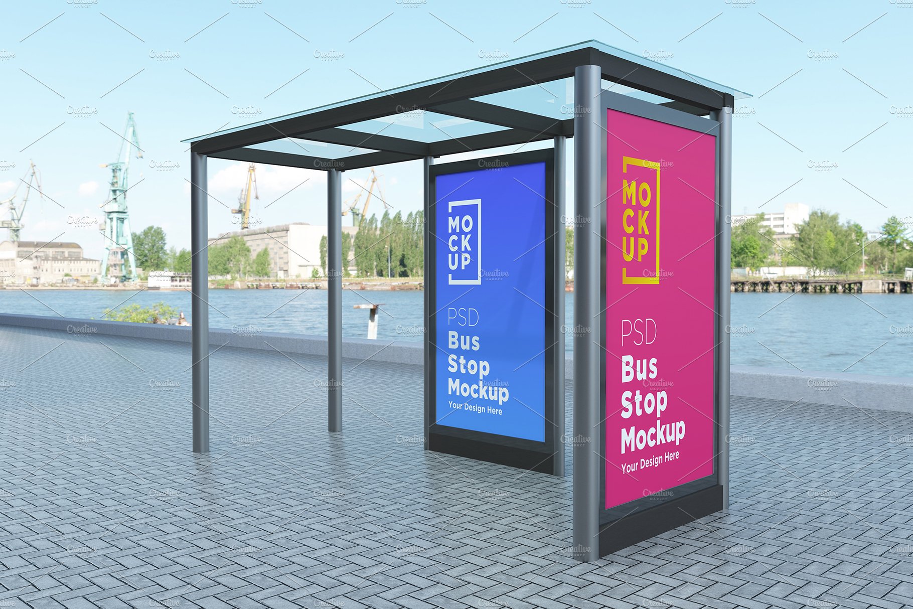 City Bus Stop with 2 Sign Mockup cover image.