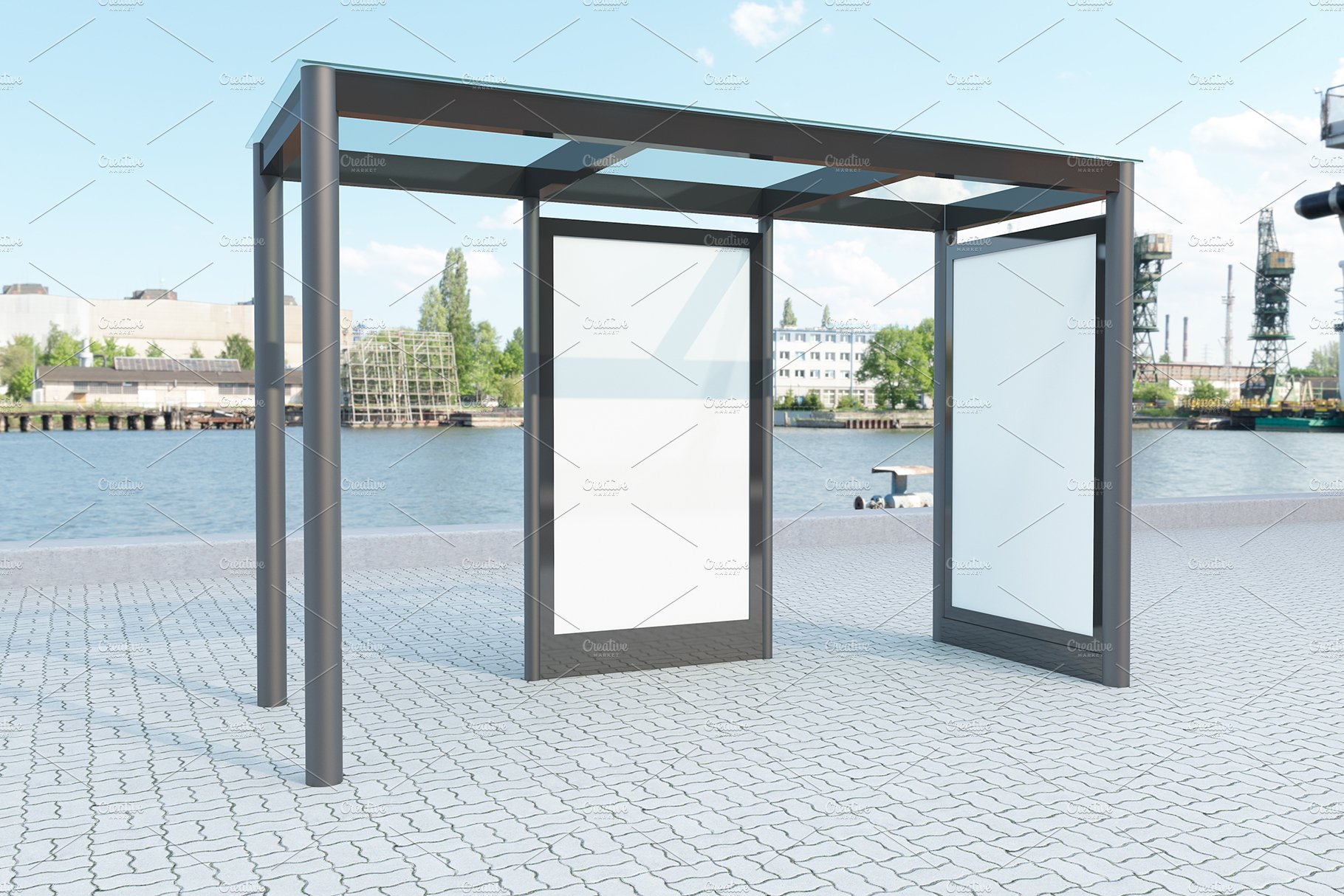 Bus Stop with 2 Sign Mockup preview image.