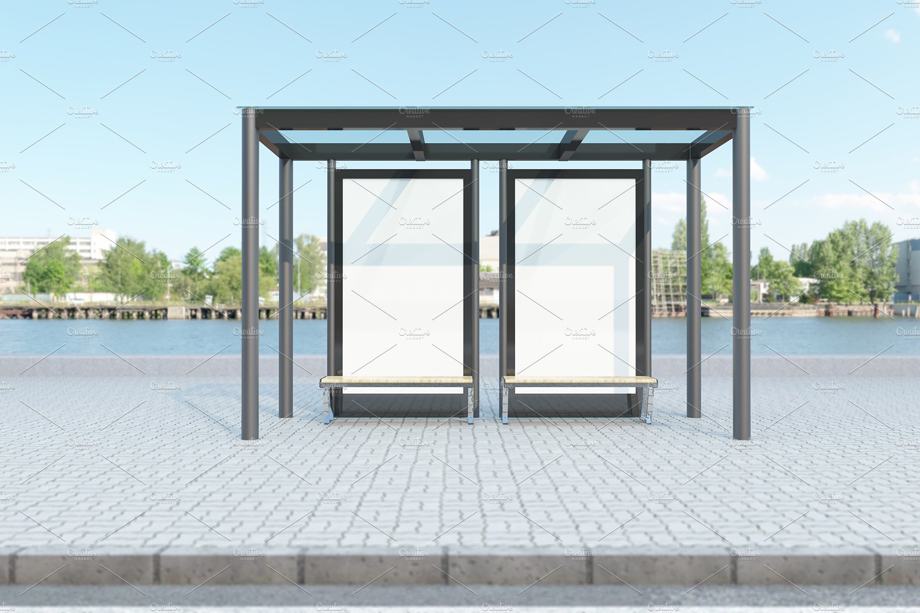 Bus Stop with 2 Sign Mockup preview image.