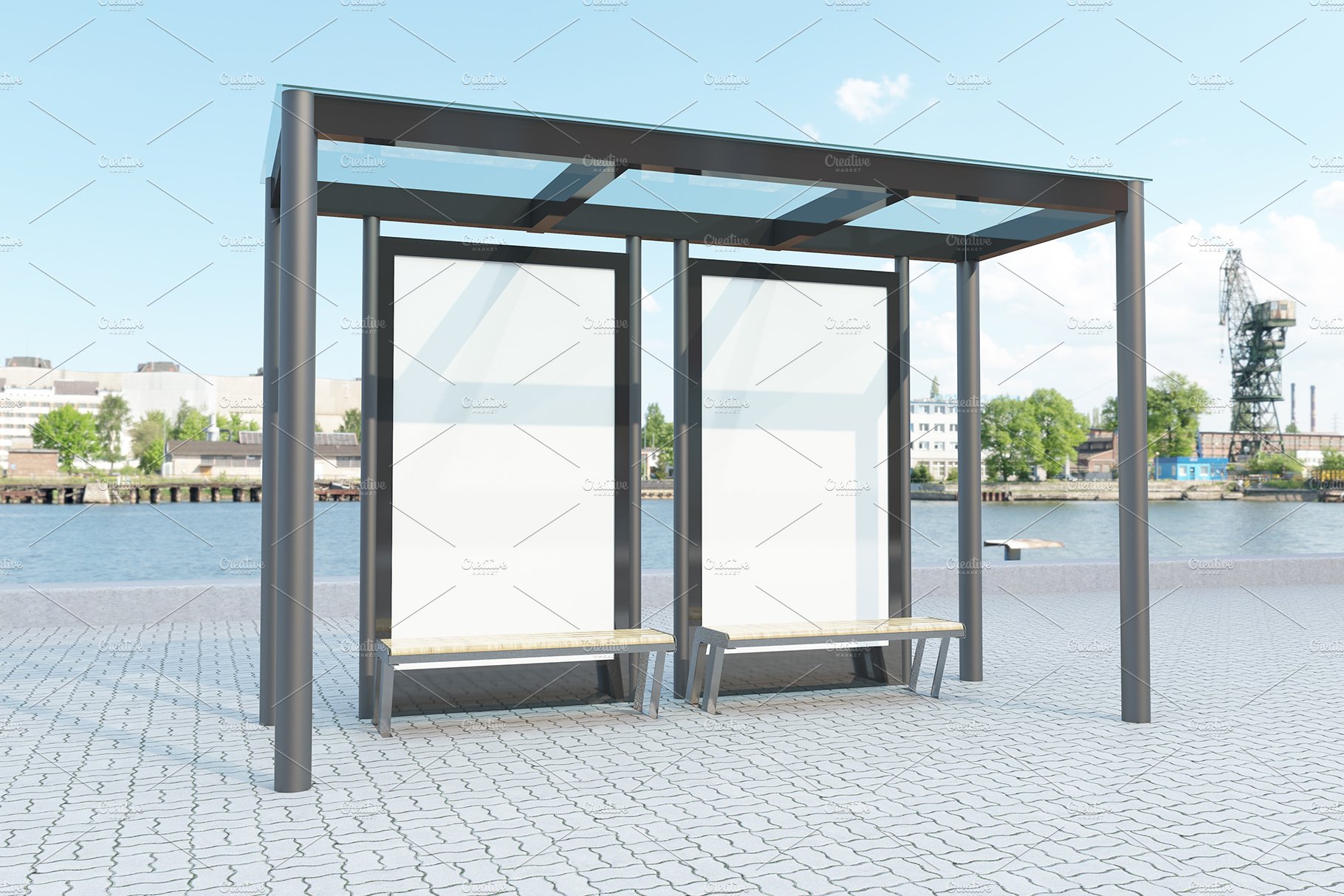 City Bus Stop with 2 Sign Mockup preview image.