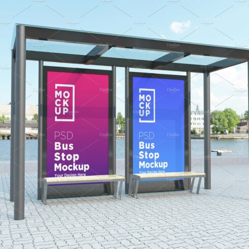 City Bus Stop with 2 Sign Mockup cover image.