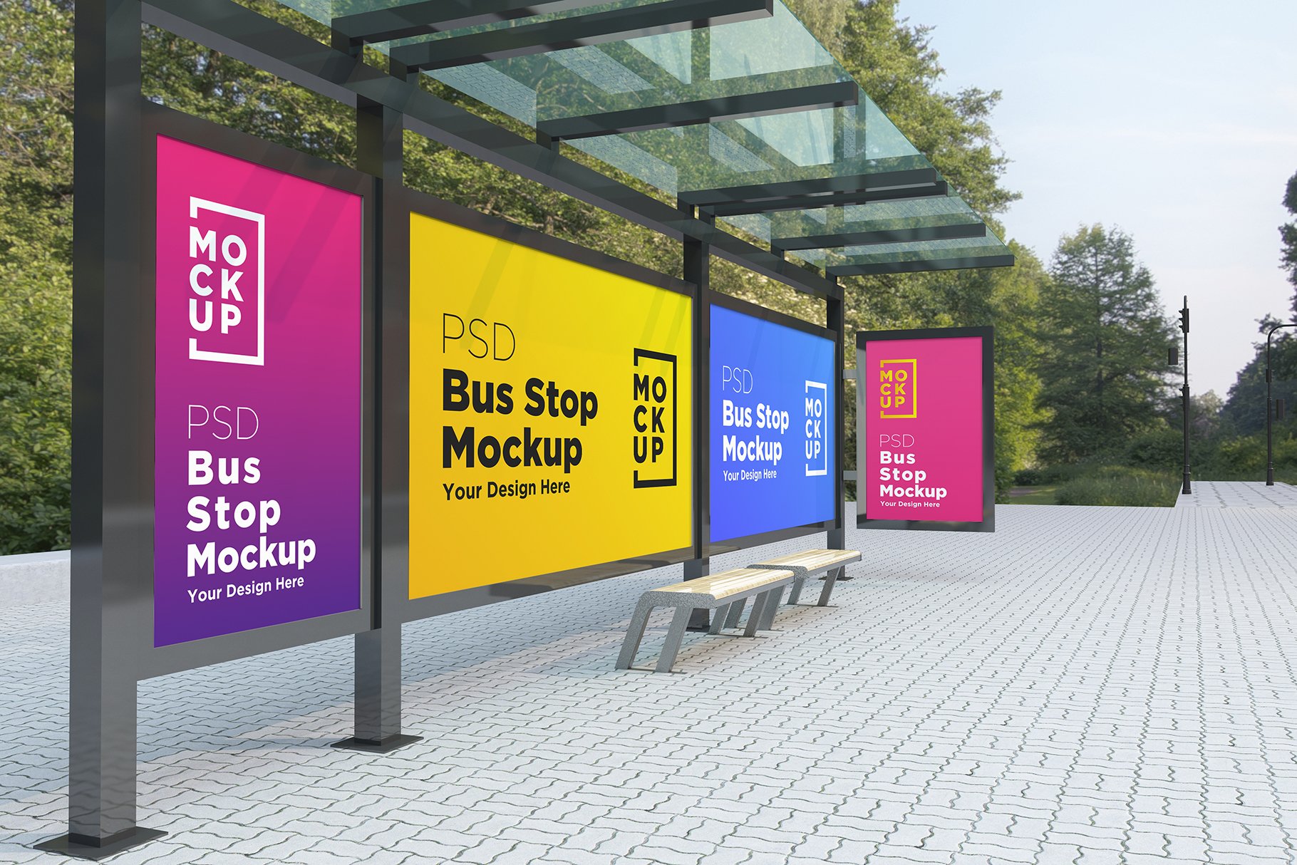 Bus Stop with 4 Billboard Mockup cover image.