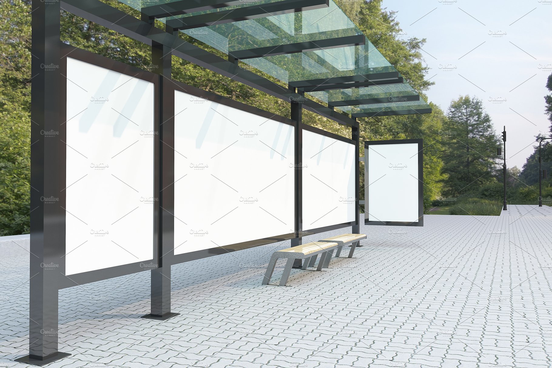 Bus Stop with 4 Billboard Mockup preview image.