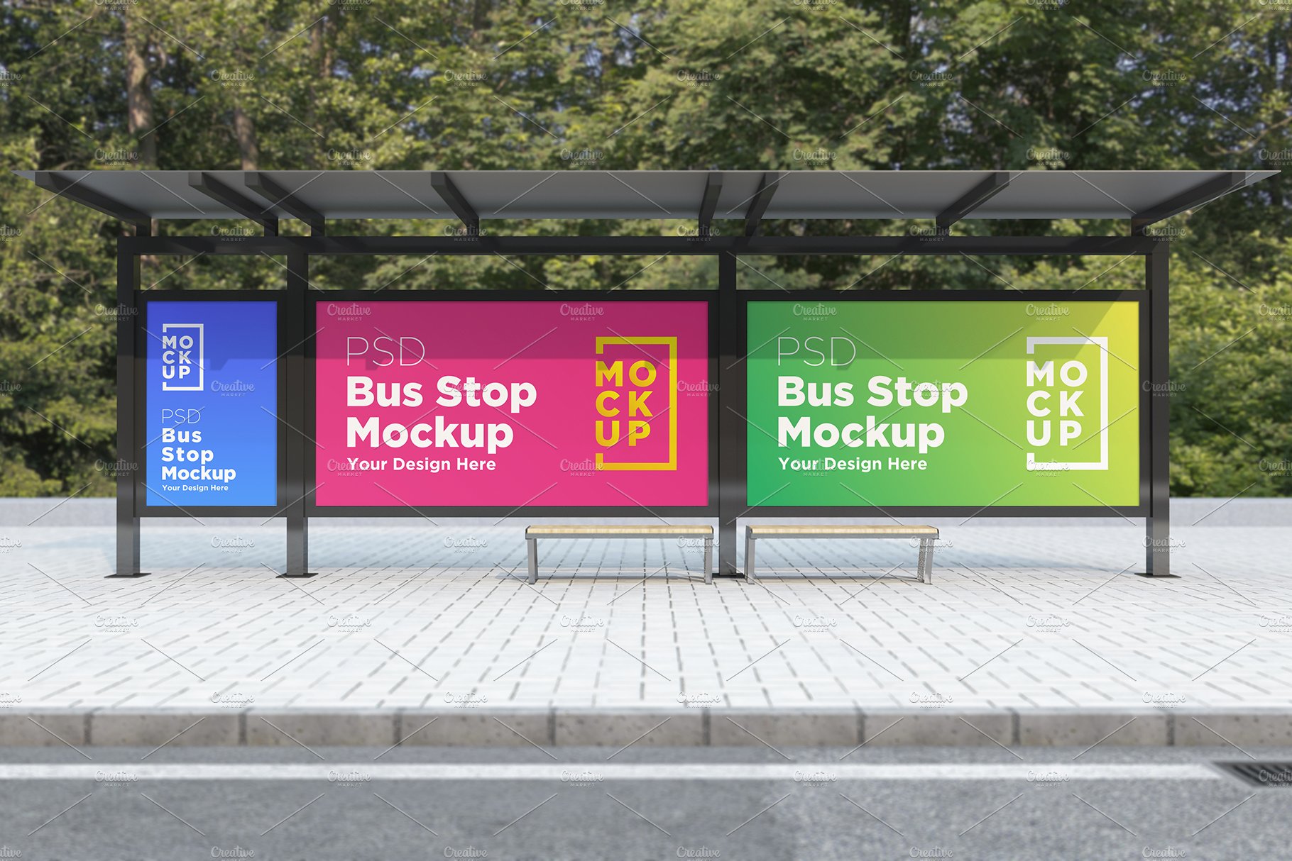 Bus Stop with 3 Billboard Mockup cover image.