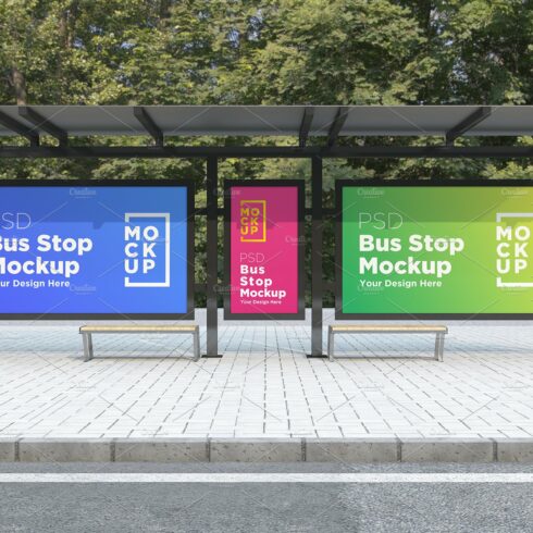 City Bus Stop with 3 Sign Mockup cover image.