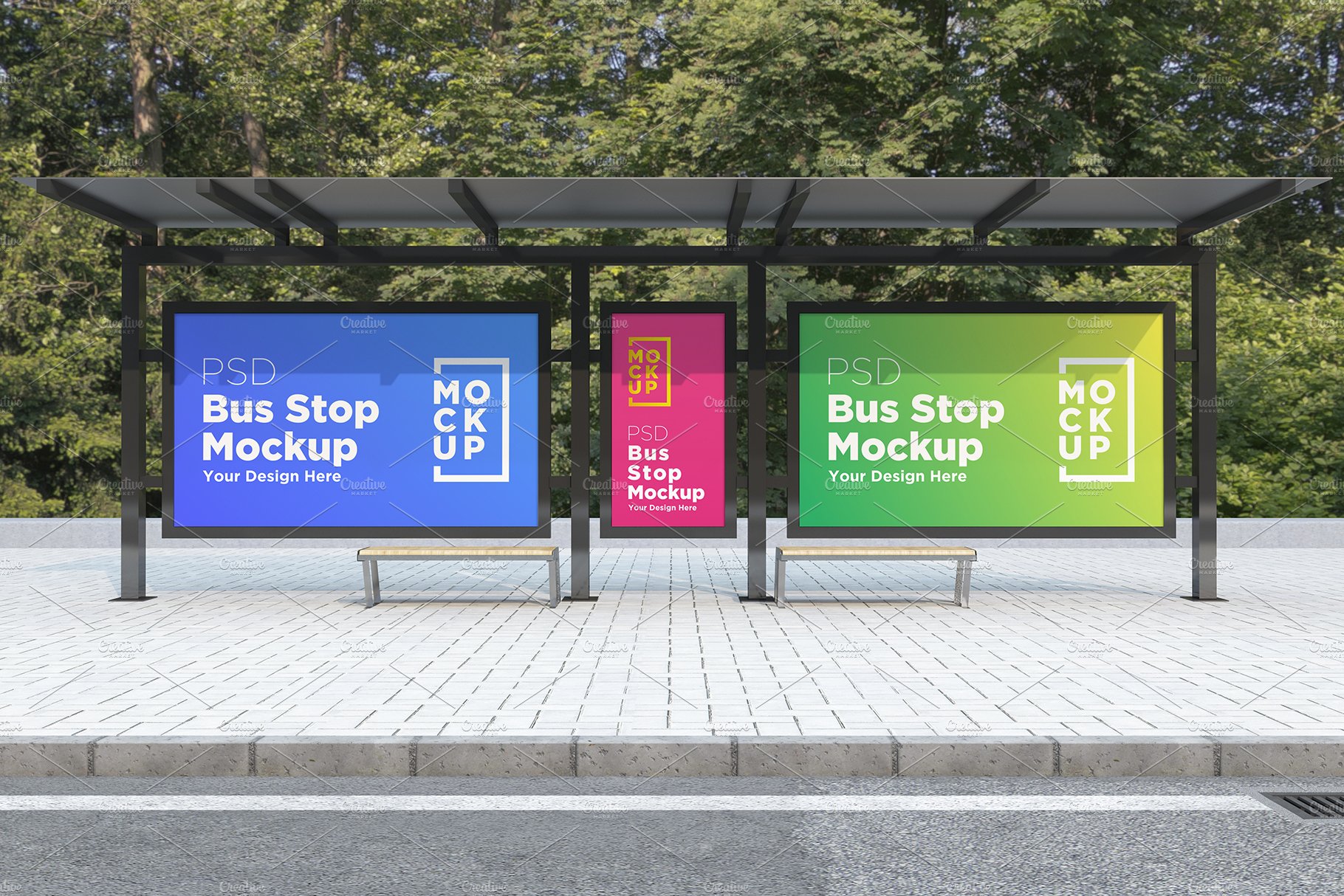 City Bus Stop with 3 Sign Mockup cover image.