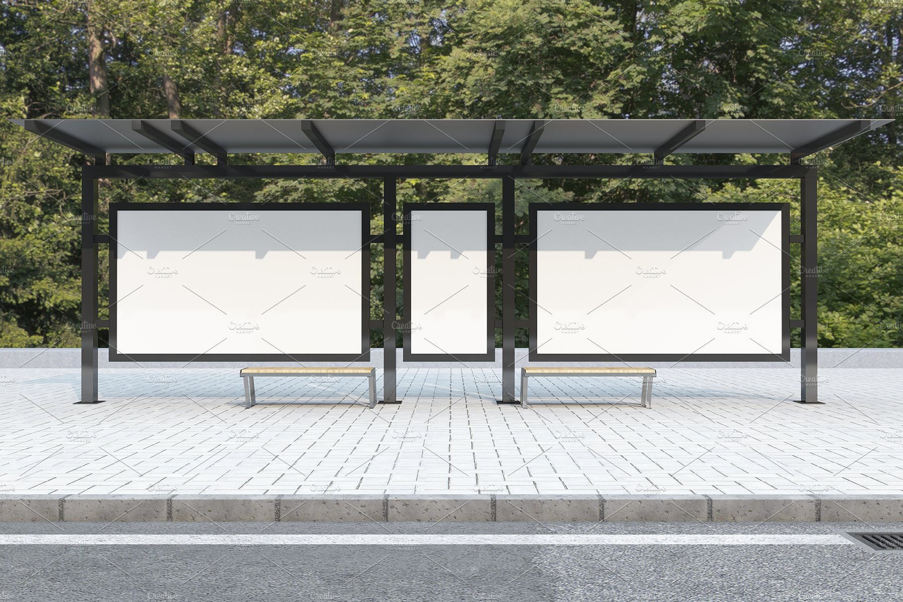 City Bus Stop with 3 Sign Mockup preview image.