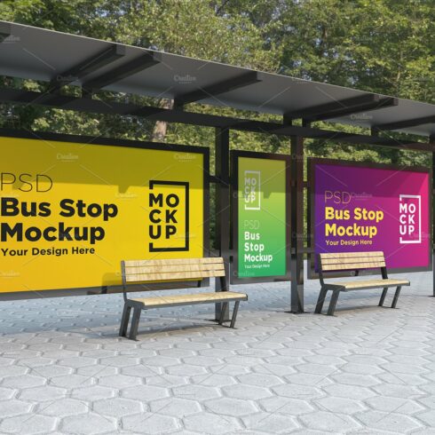 Bus Stop with 3 Signage Mockup cover image.