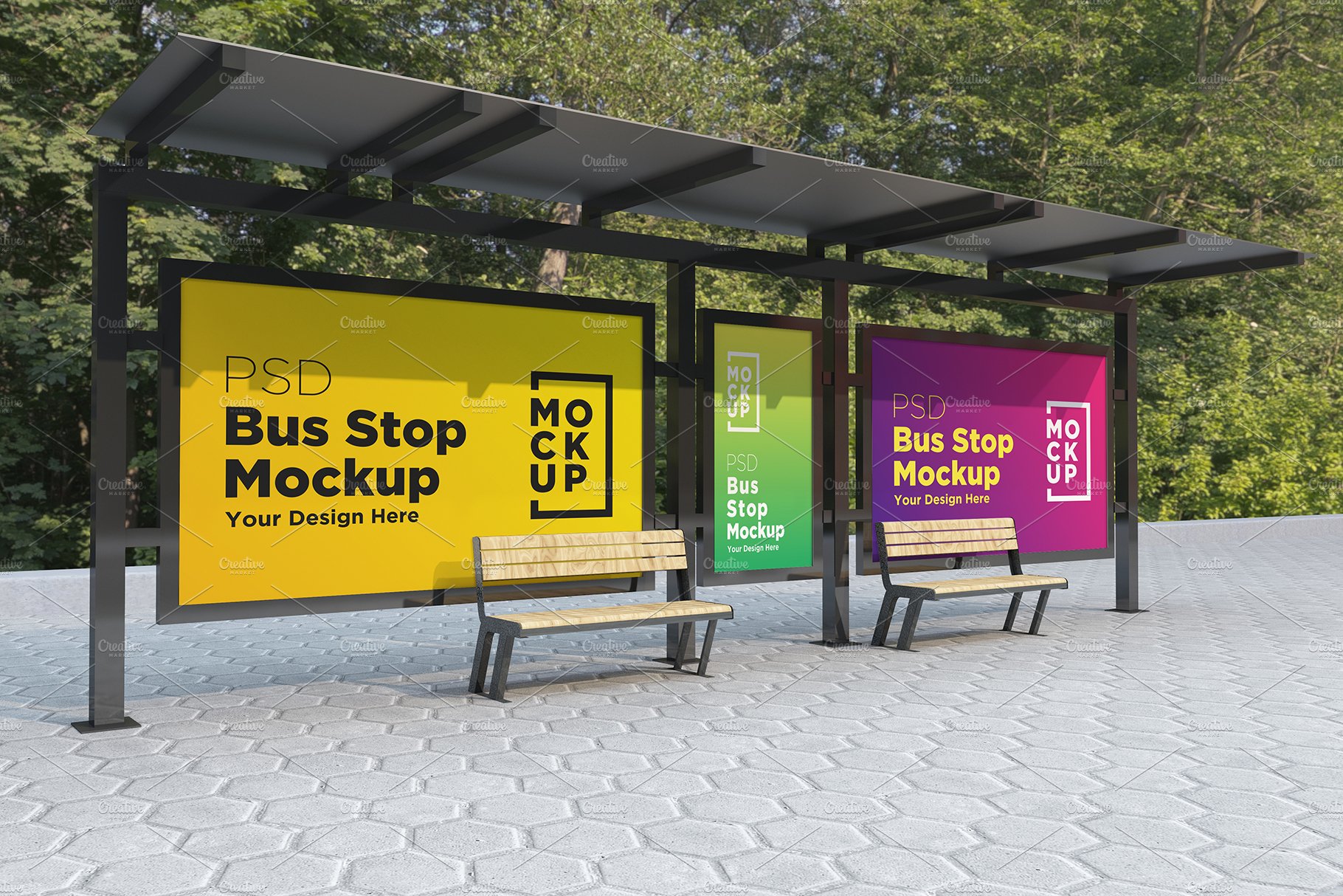 Bus Stop with 3 Signage Mockup cover image.