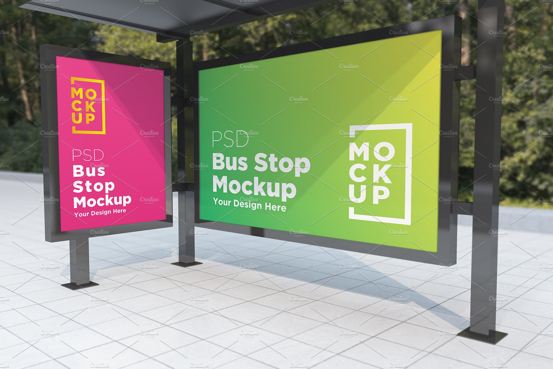 Bus Stop with 2 Signage  Mockup cover image.