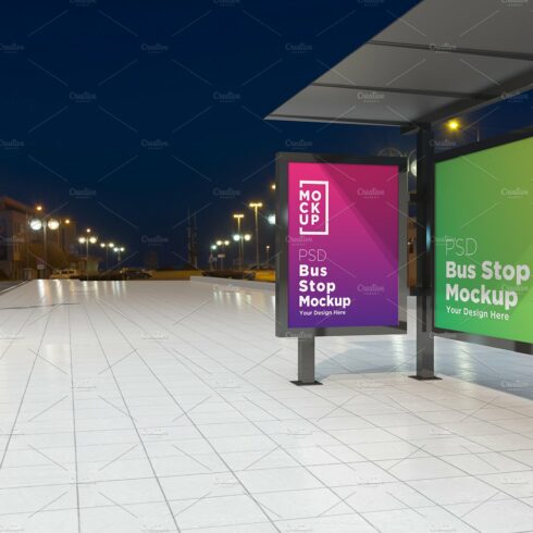 Night View Bus Stop Signage Mockup cover image.