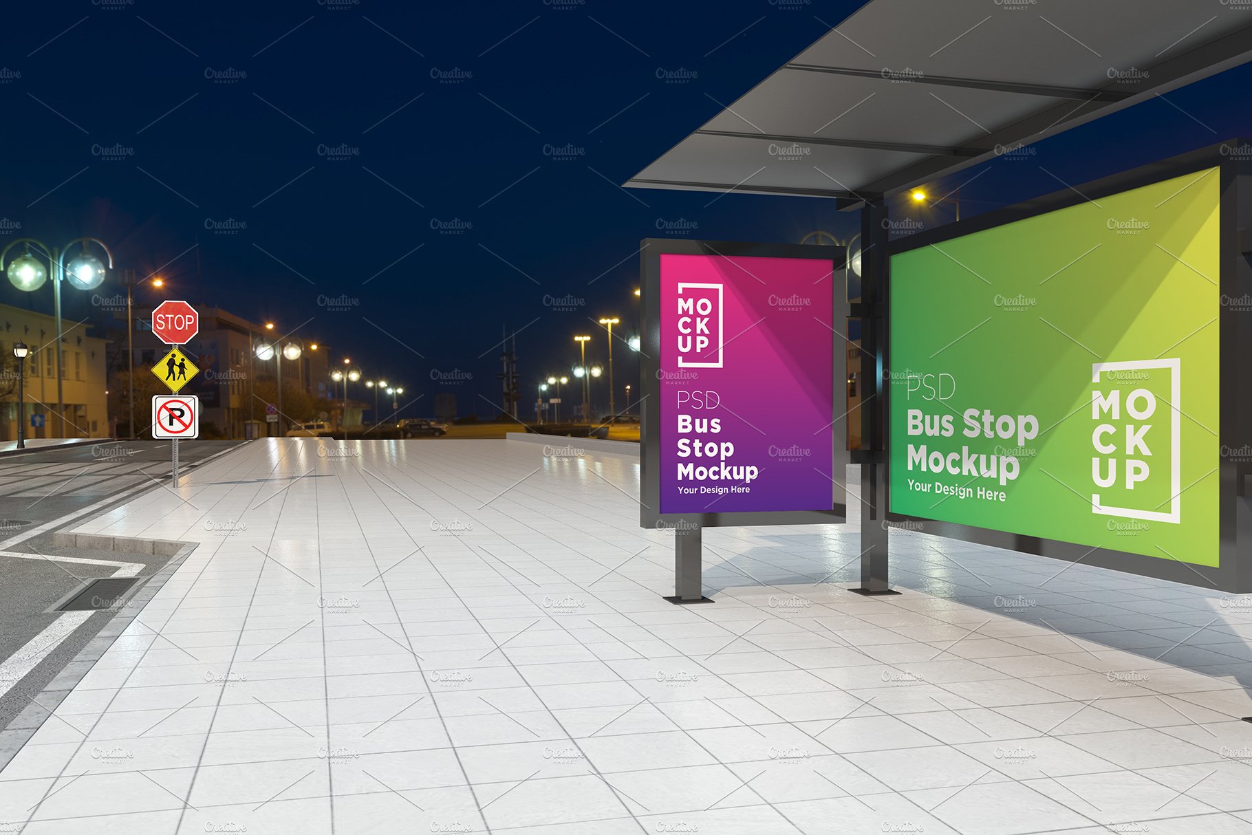 Night View Bus Stop Signage Mockup cover image.