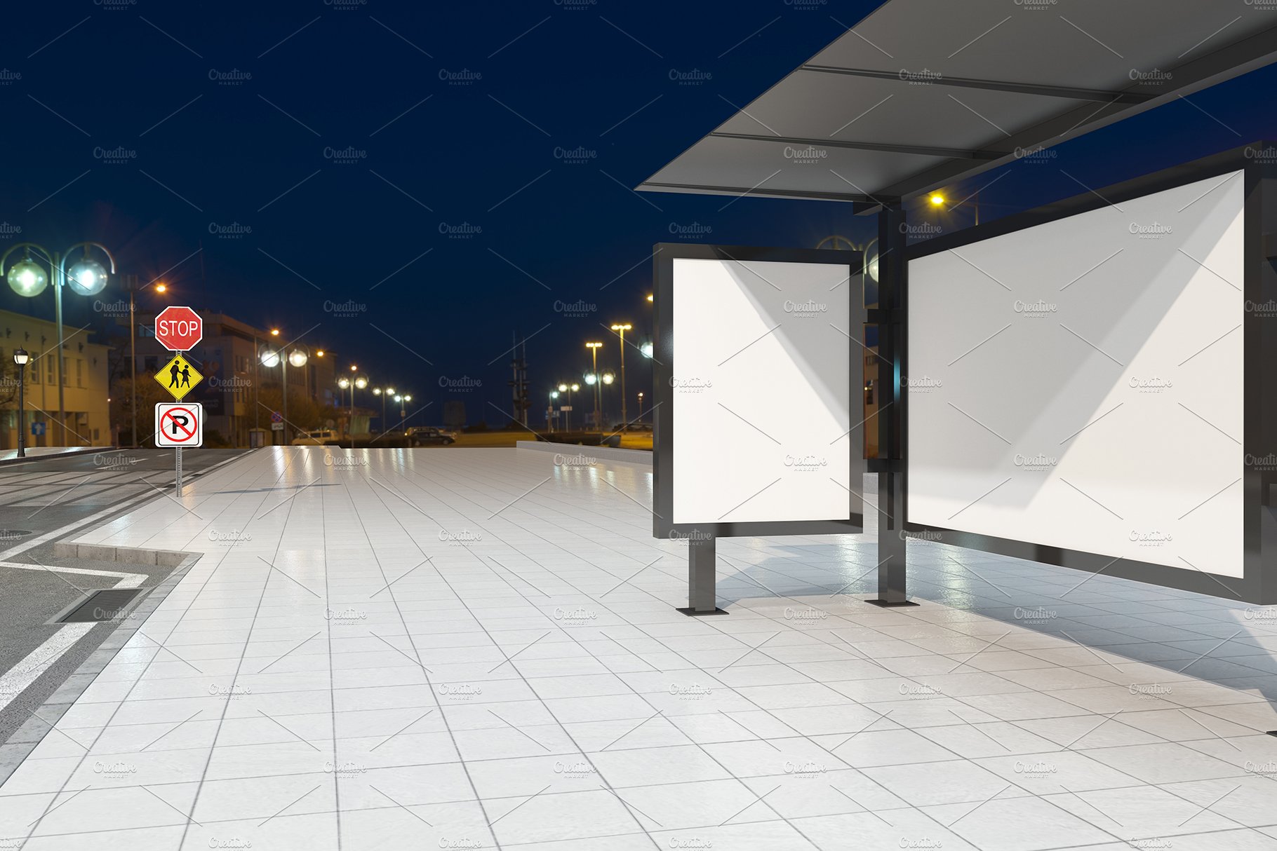 Night View Bus Stop Signage Mockup preview image.