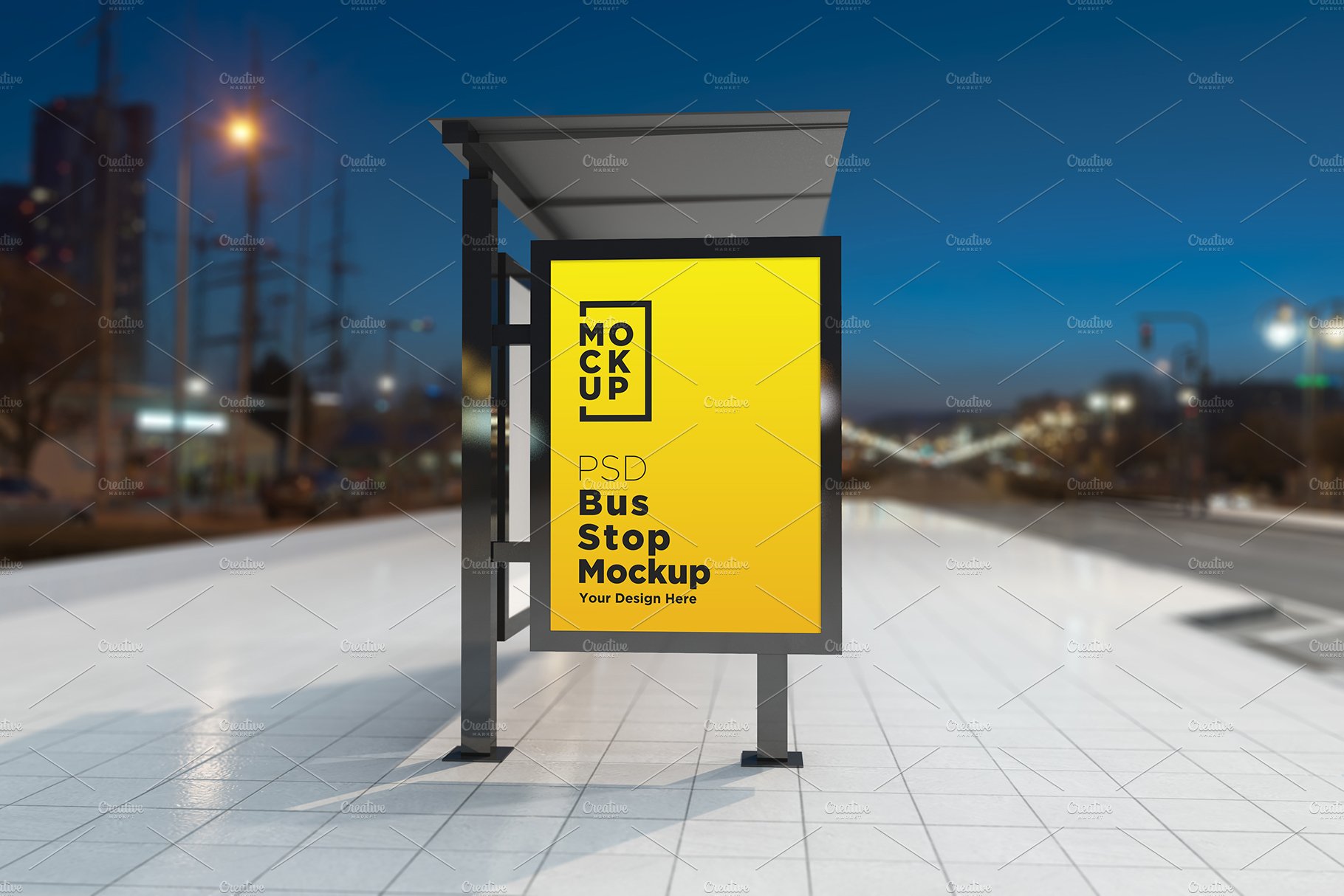 Night View Bus Stop Sign Mockup cover image.