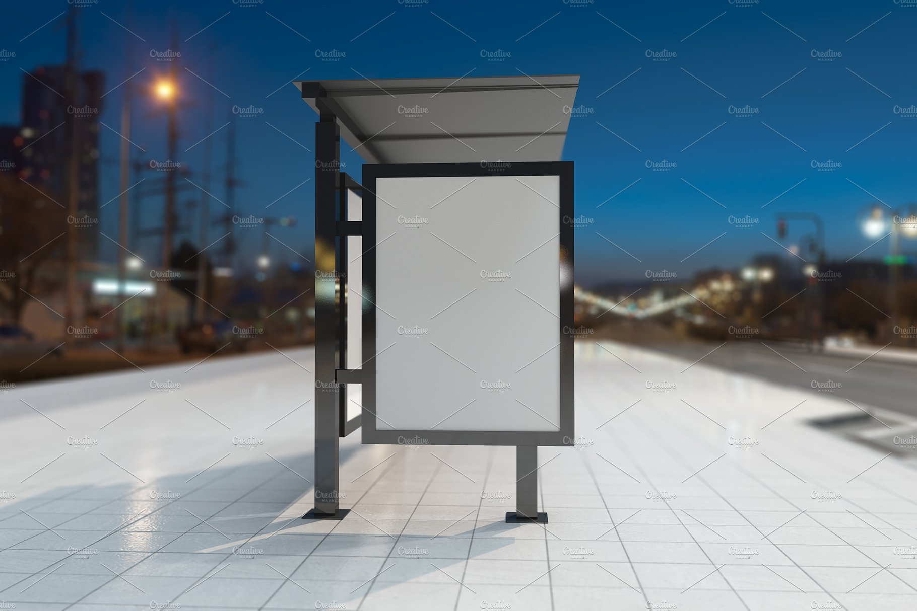 Night View Bus Stop Sign Mockup preview image.