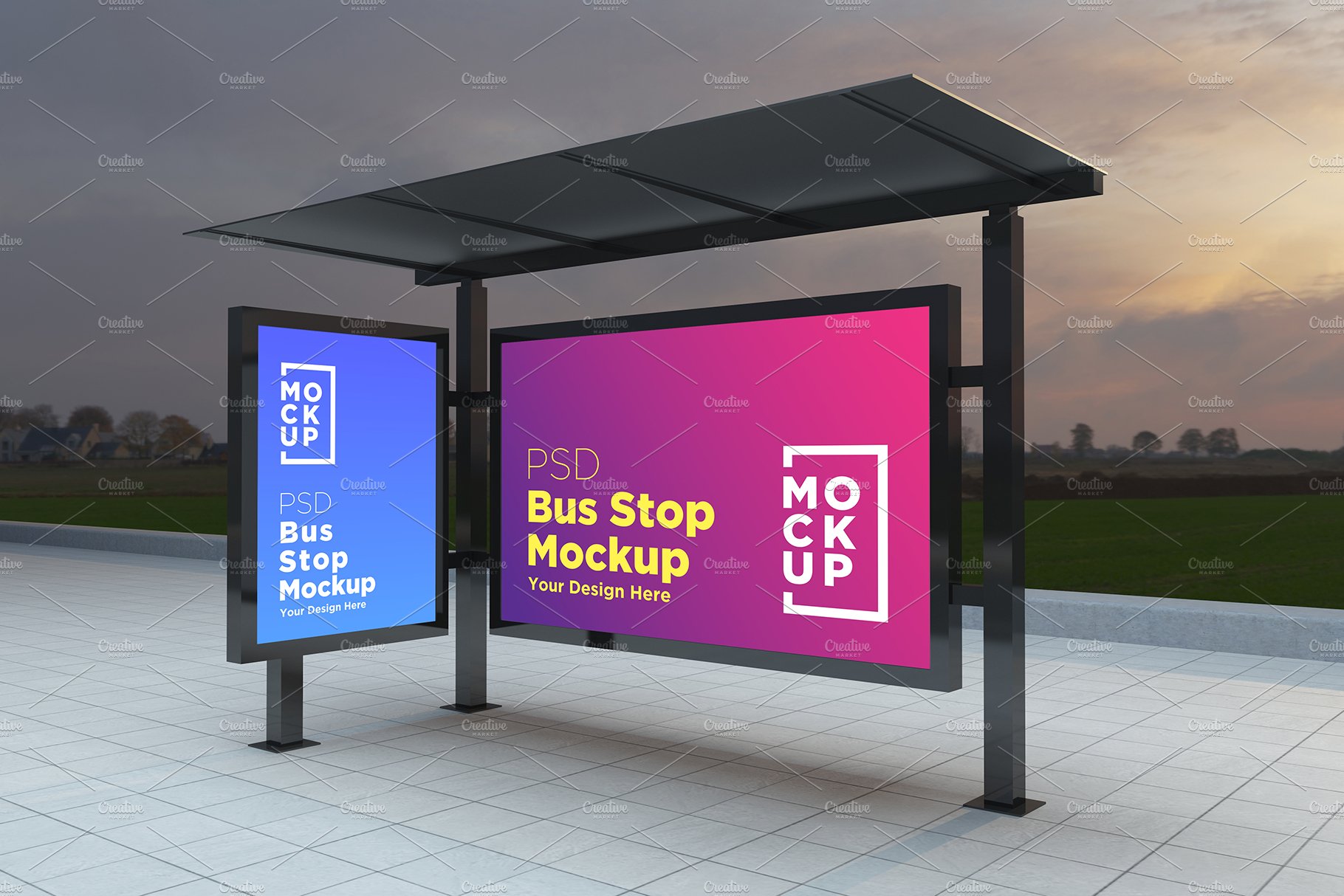 Evening View Bus Stop Signage Mockup cover image.