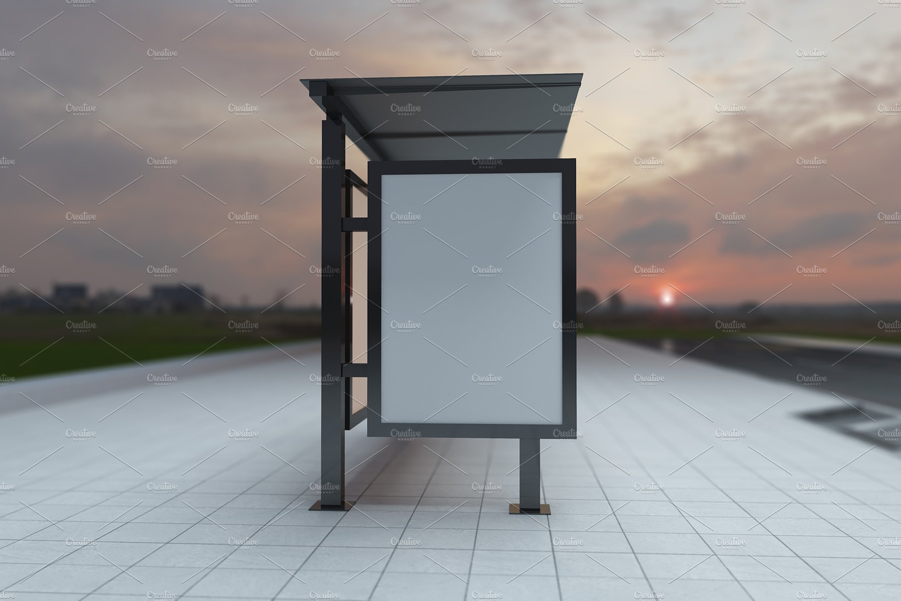 Evening View Bus Stop Signage Mockup preview image.