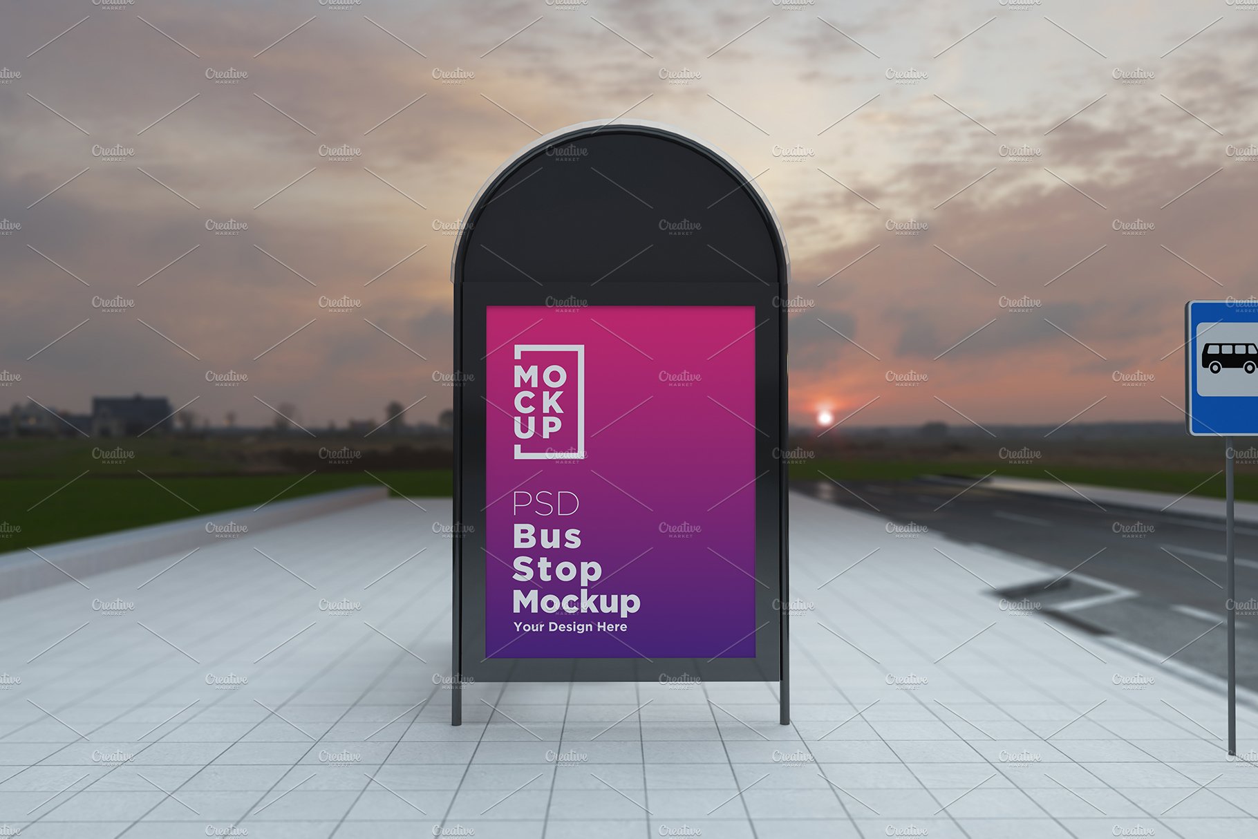 Evening View Bus Stop Sign Mockup cover image.