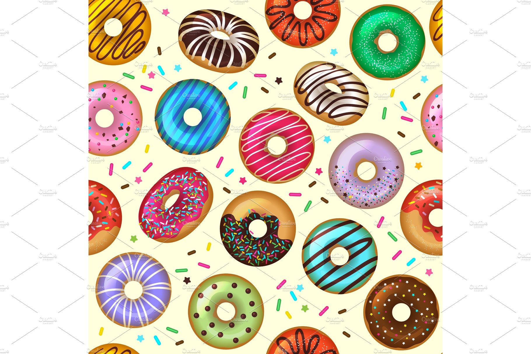 Donuts pattern. Tasty bakery dessert cover image.