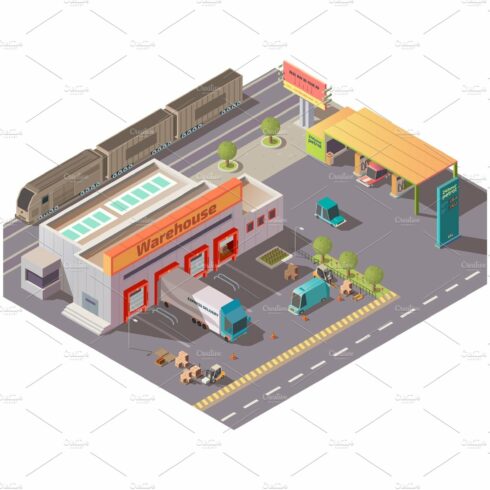 Isometric warehouse and petrol cover image.
