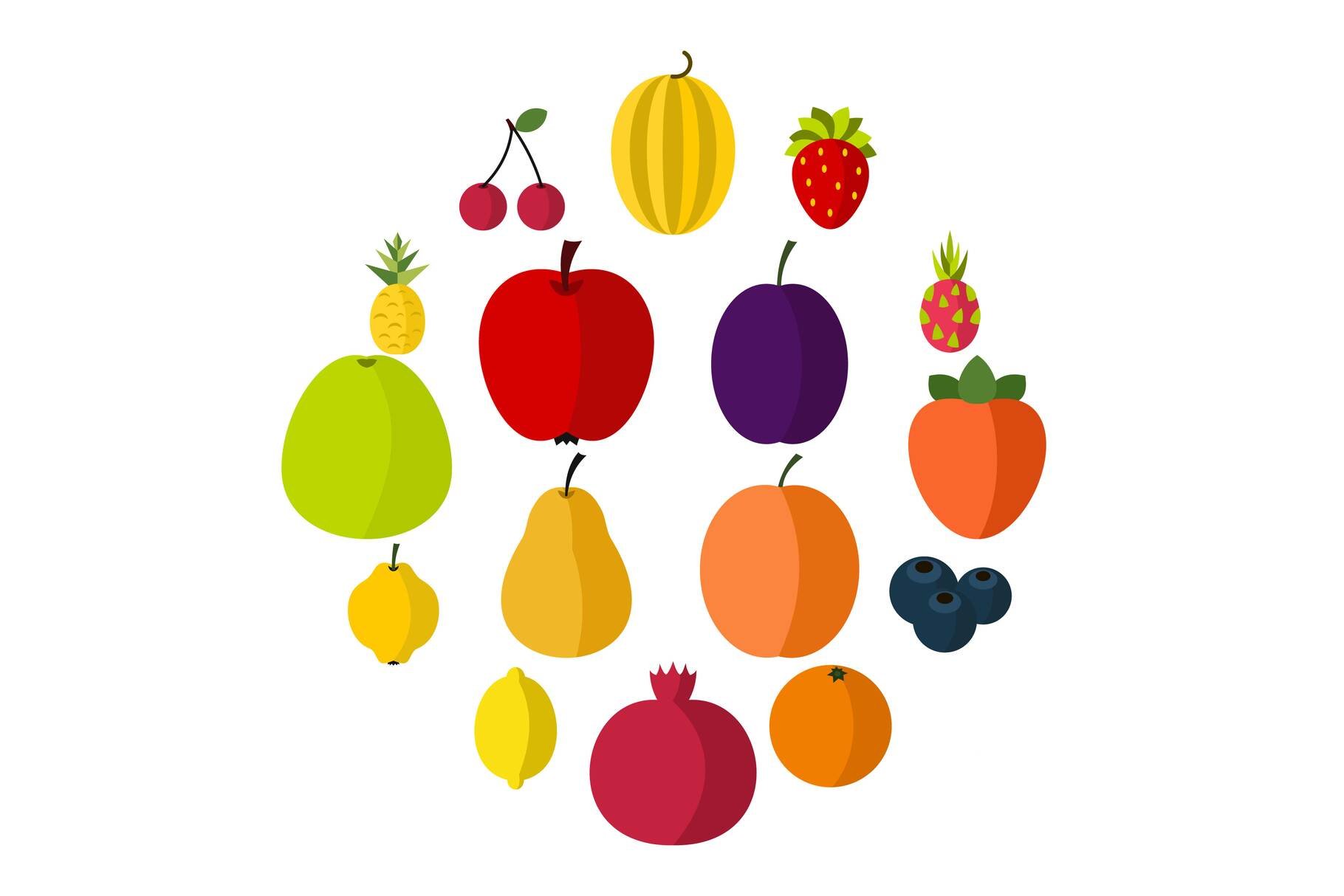 Fruit icons set, flat style cover image.