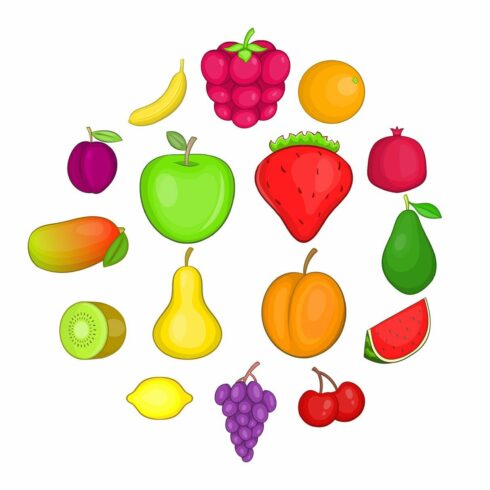 Fruit icons set, cartoon style cover image.